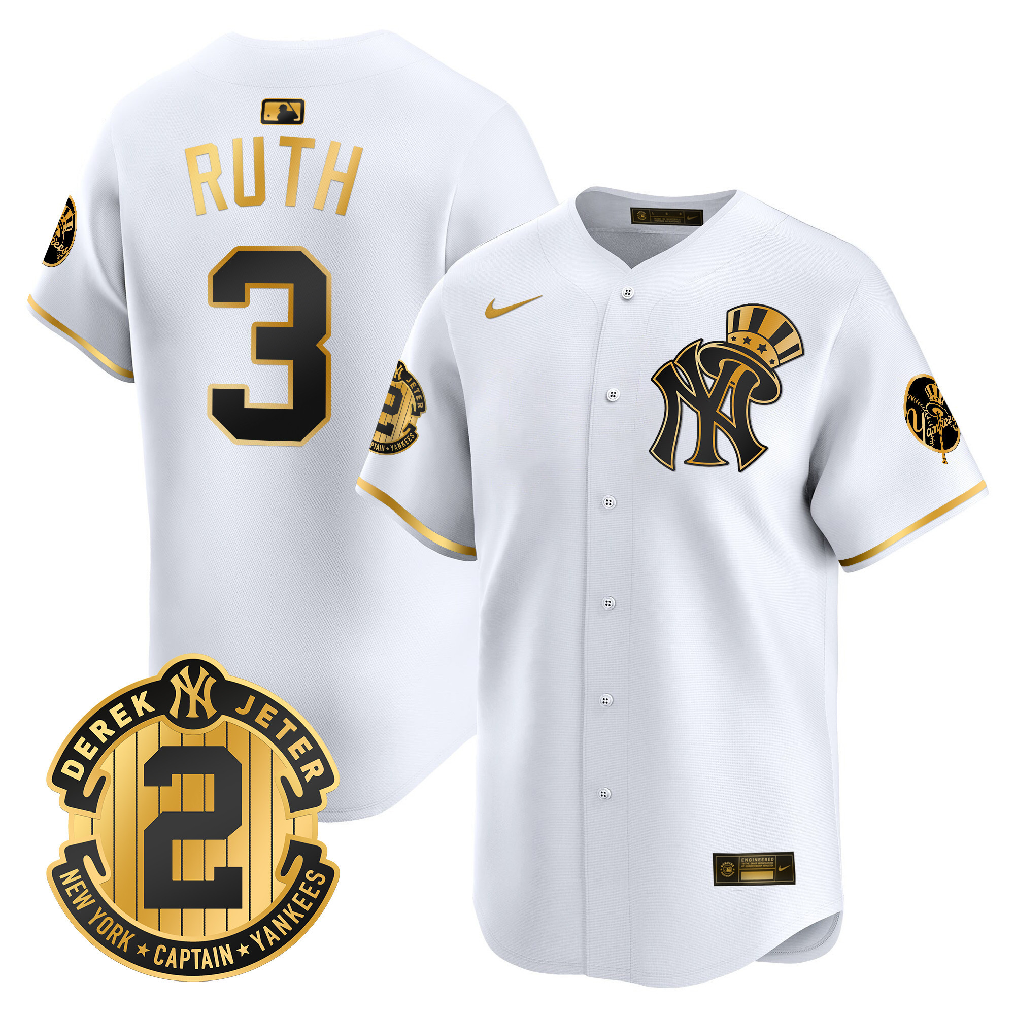 Men's Babe Ruth New York Yankees Derek Jeter Patch Vapor Premier Limited White Gold Jersey V2 - All Stitched