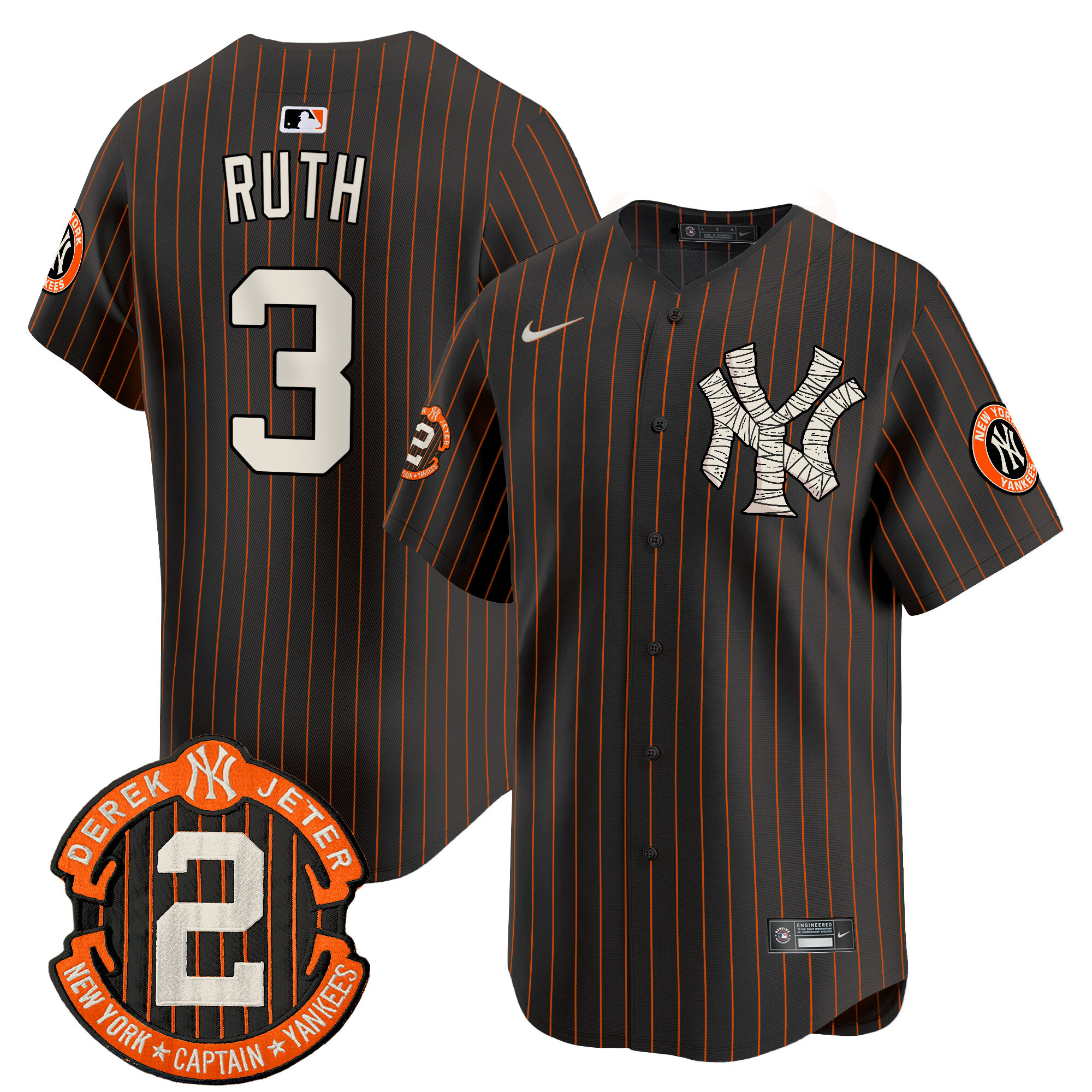 Men's Babe Ruth New York Yankees Halloween Vapor Premier Limited Black Pinstripe Jersey - All Stitched