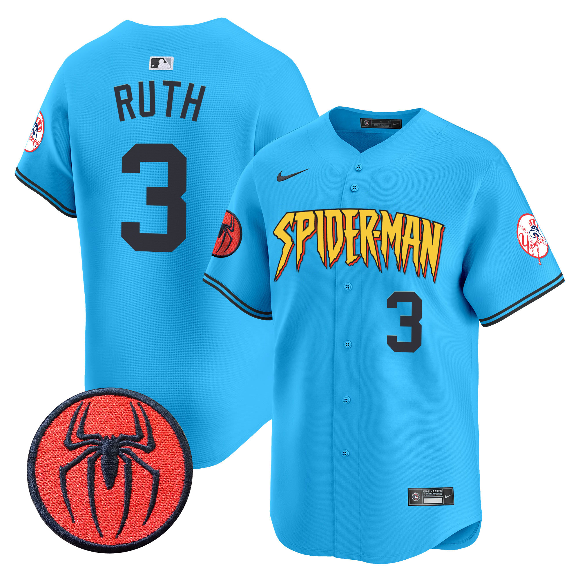 Men's Babe Ruth New York Yankees Spider-Man Vapor Premier Limited Light Blue Jersey - All Stitched