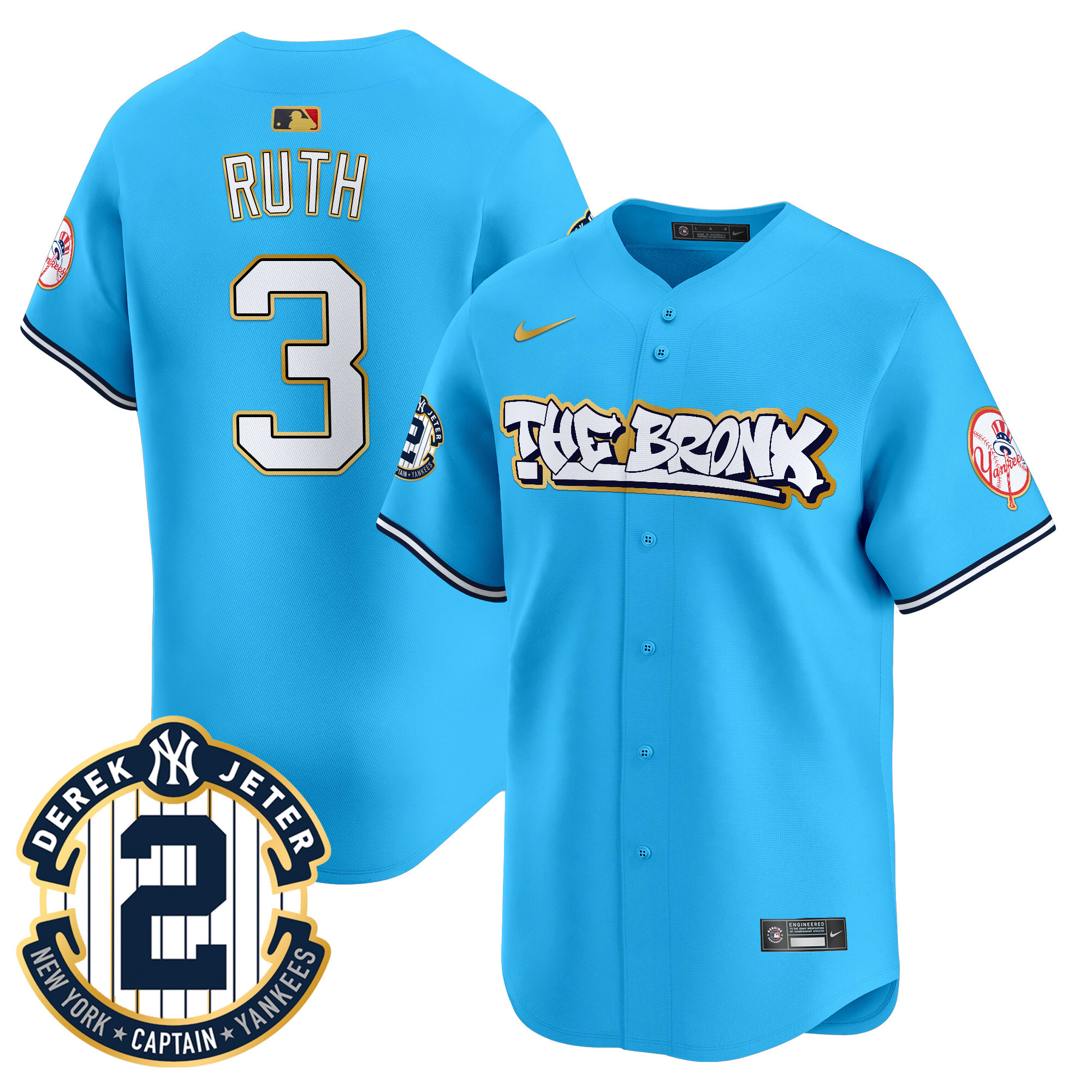Men's Babe Ruth New York Yankees The Bronx Graffiti Gold Trim Vapor Premier Limited Light Blue Jersey - All Stitched