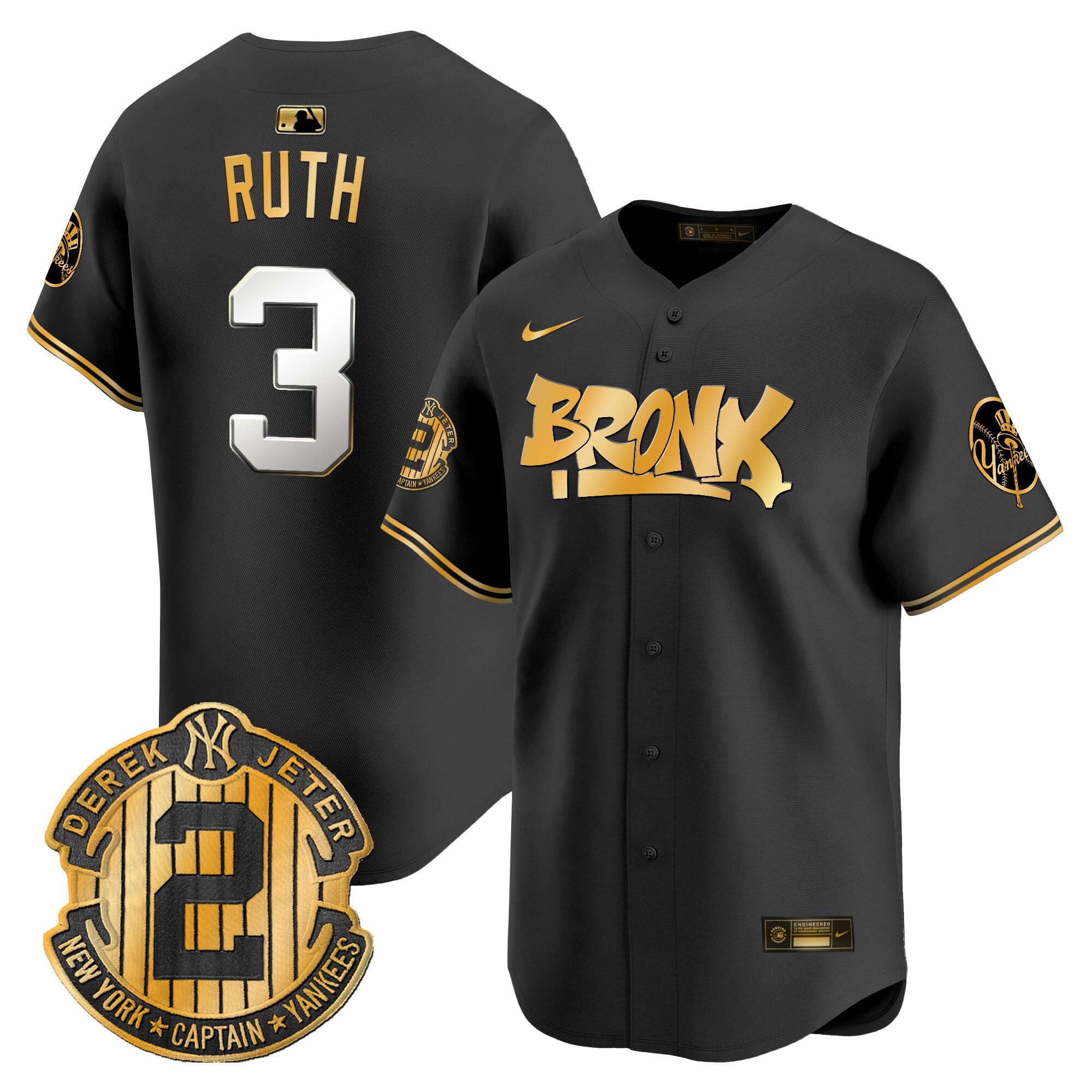 Men's Babe Ruth New York Yankees The Bronx Graffiti Vapor Premier Limited Black gold Jersey V6 - All Stitched