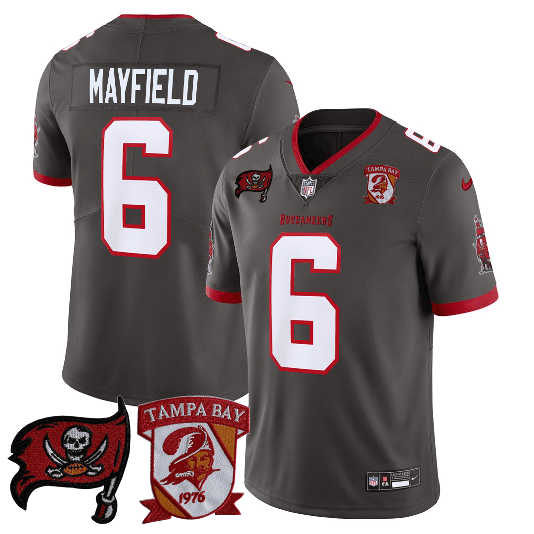 Men's Baker Mayfield Tampa Bay Buccaneers Logo Patch Pewter Jersey - All Stitched
