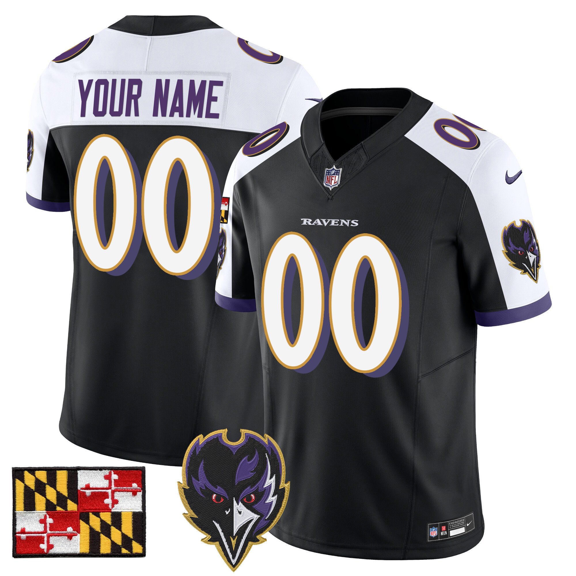 Men's Baltimore Ravens 2024 Maryland Flag Vapor Limited Custom Black Alternate Jersey - All Stitched