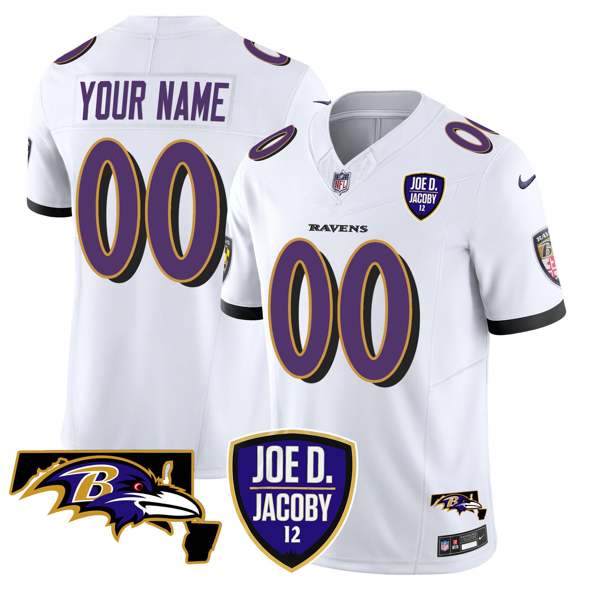 Men's Baltimore Ravens Joe D & Jacoby Patch Vapor Limited Custom White Jersey - All Stitched