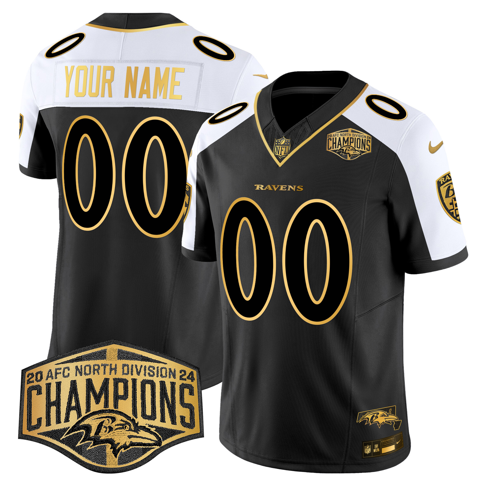 Men's Baltimore Ravens Maryland 2024 AFC North Division Champions Patch Gold Vapor Limited Custom Alternate Jersey - All Stitched
