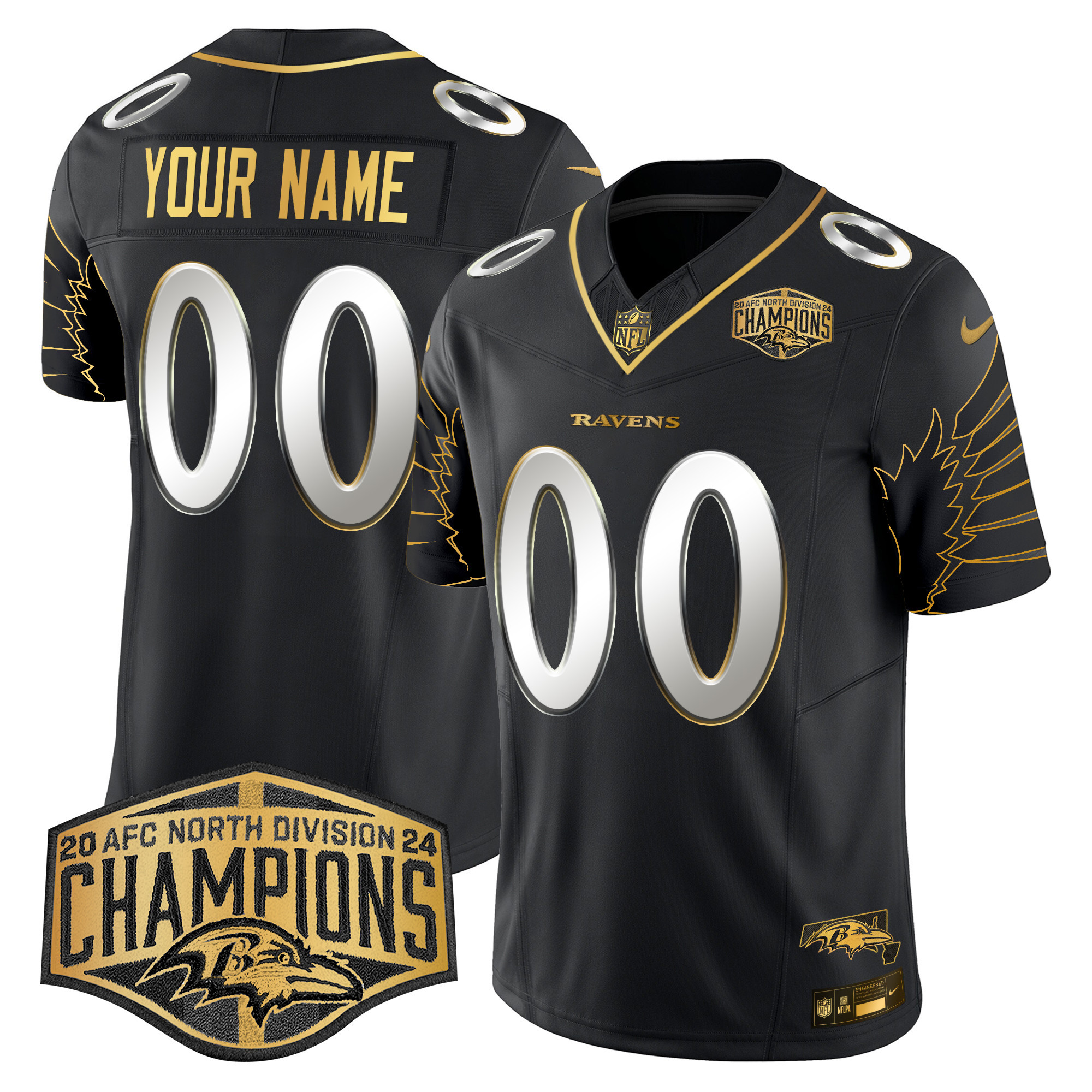 Men's Baltimore Ravens Maryland 2024 AFC North Division Champions Patch Gold Vapor Limited Custom Black Limited Jersey - All Stitched