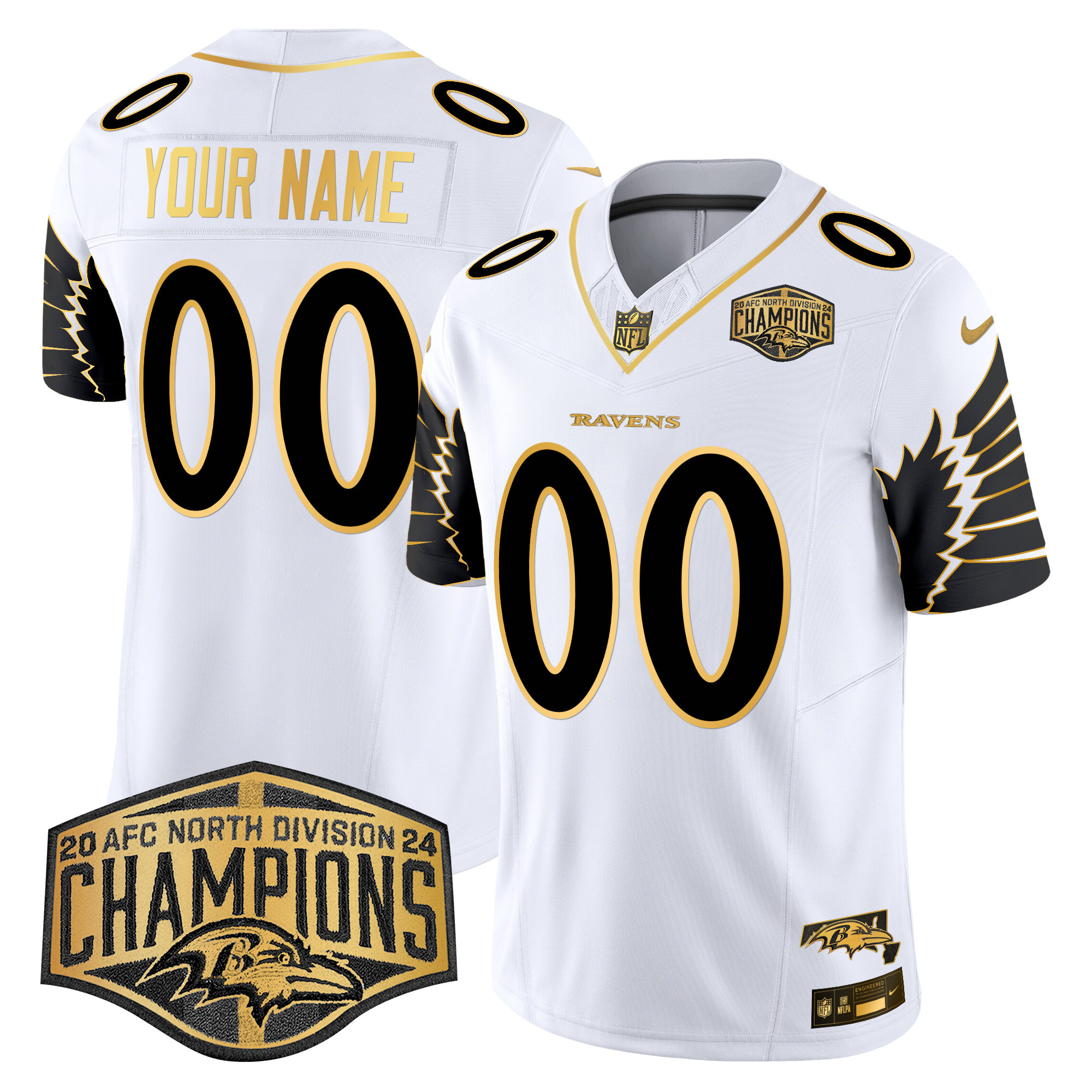 Men's Baltimore Ravens Maryland 2024 AFC North Division Champions Patch Gold Vapor Limited Custom White Gold Jersey - All Stitched
