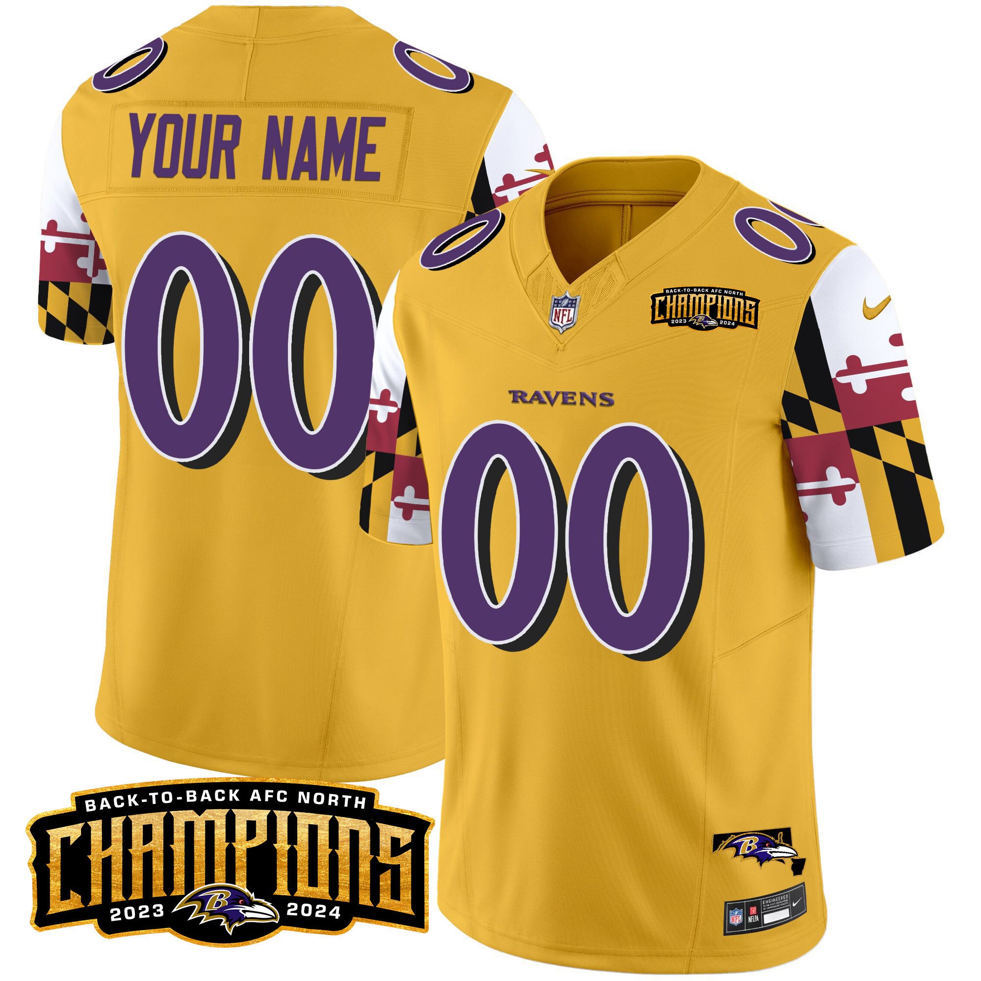 Men's Baltimore Ravens Maryland Flag Back To Back AFC North Champions Patch Vapor Limited Custom Gold Jersey - All Stitched