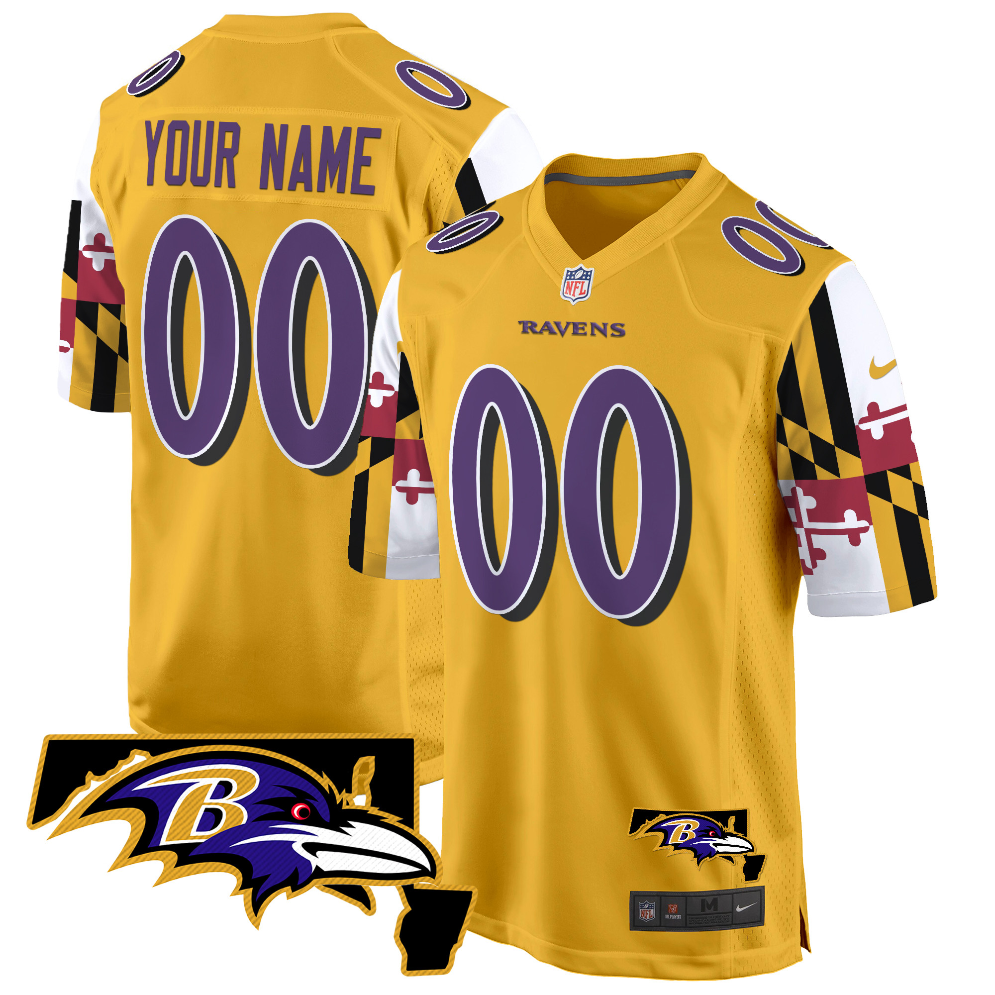 Men's Baltimore Ravens Maryland Flag Game Custom Gold Jersey - All Stitched
