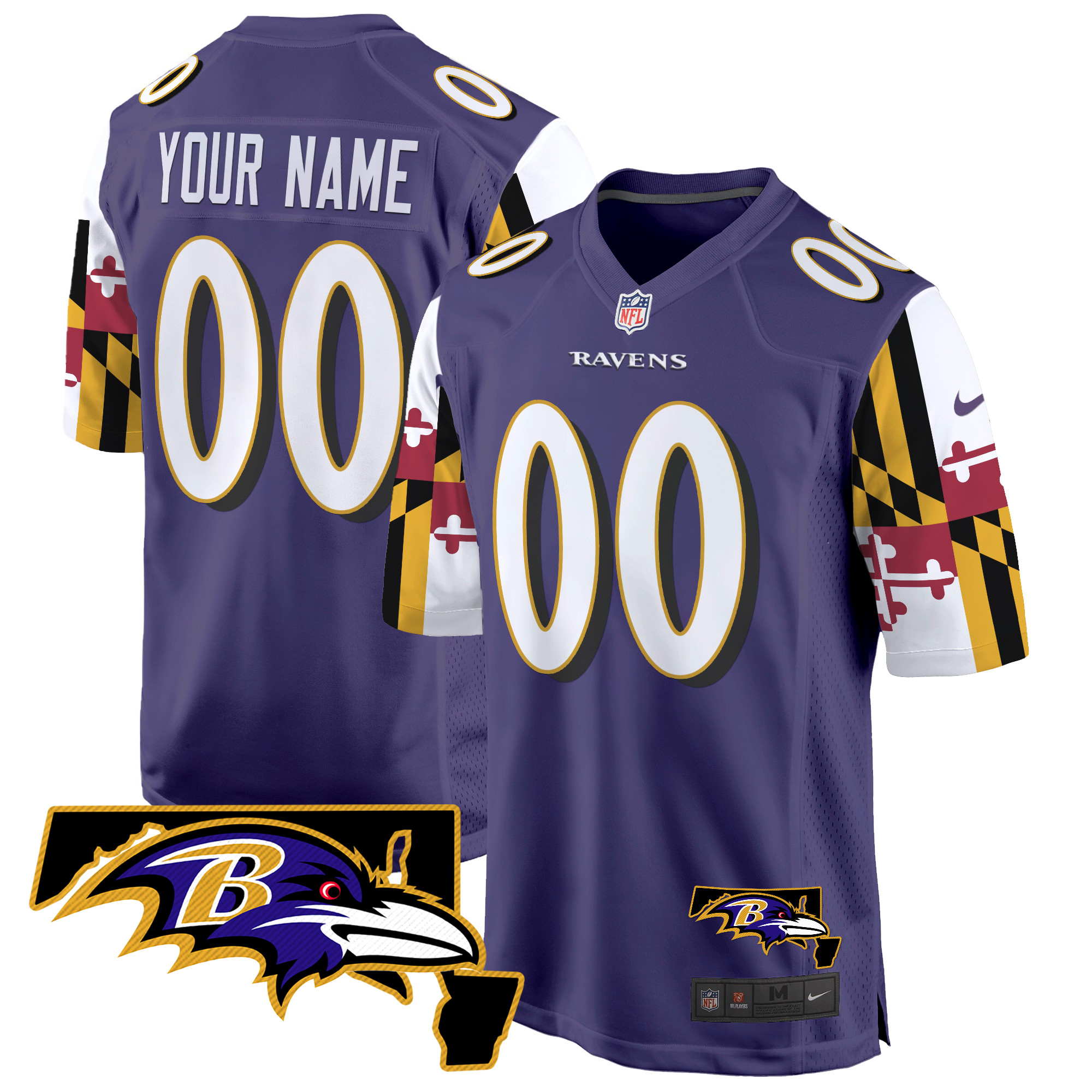 Men's Baltimore Ravens Maryland Flag Game Custom Purple Jersey - All Stitched