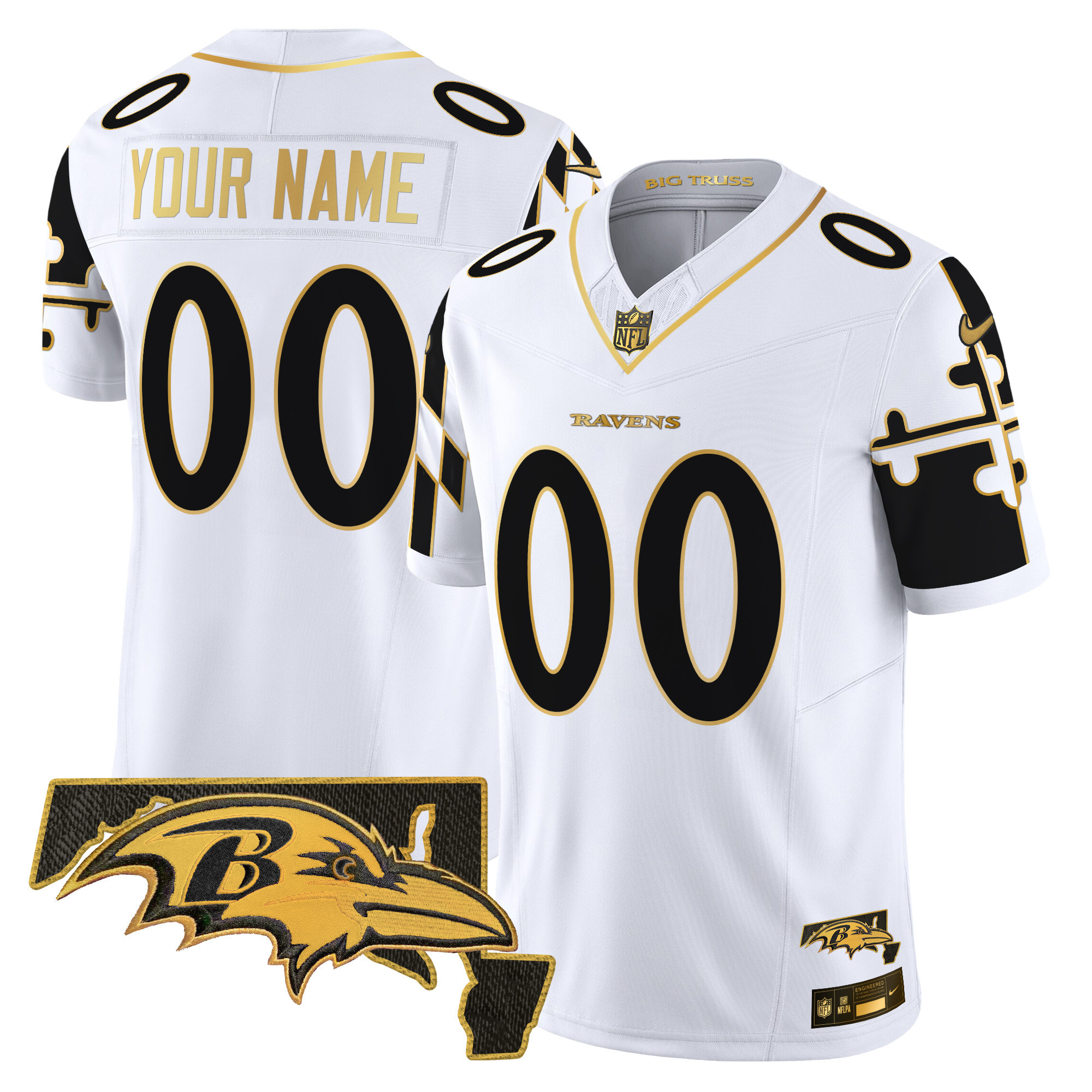 Men's Baltimore Ravens Maryland Flag Map Patch Gold Vapor Limited Custom White Gold Jersey - All Stitched