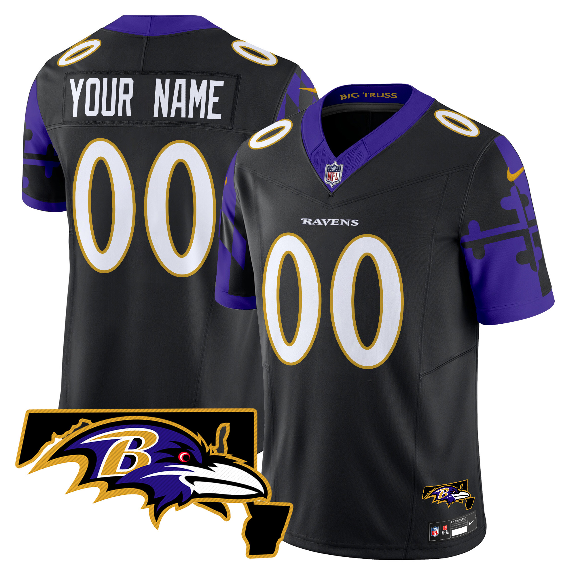 Men's Baltimore Ravens Maryland Flag Map Patch Vapor Limited Custom Black Jersey - All Stitched