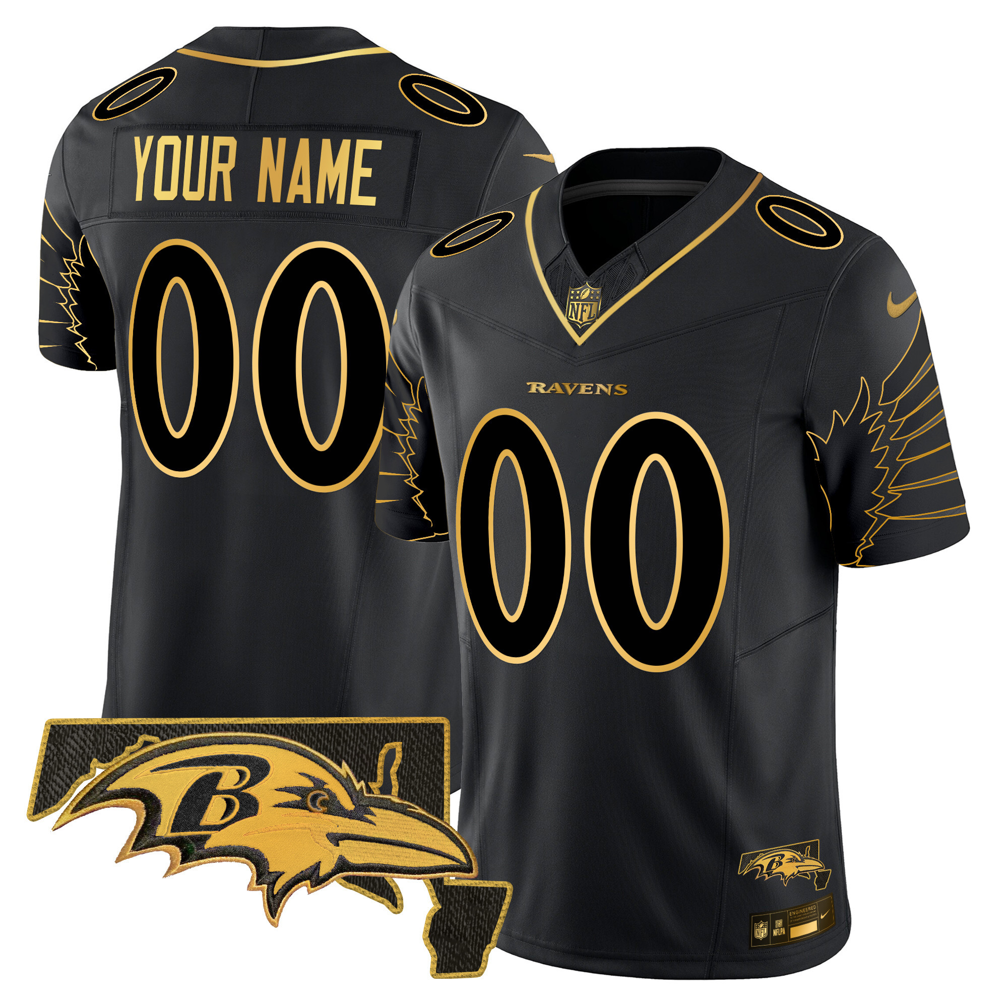 Men's Baltimore Ravens Maryland Patch Gold Vapor Limited Custom Black Gold Jersey - All Stitched