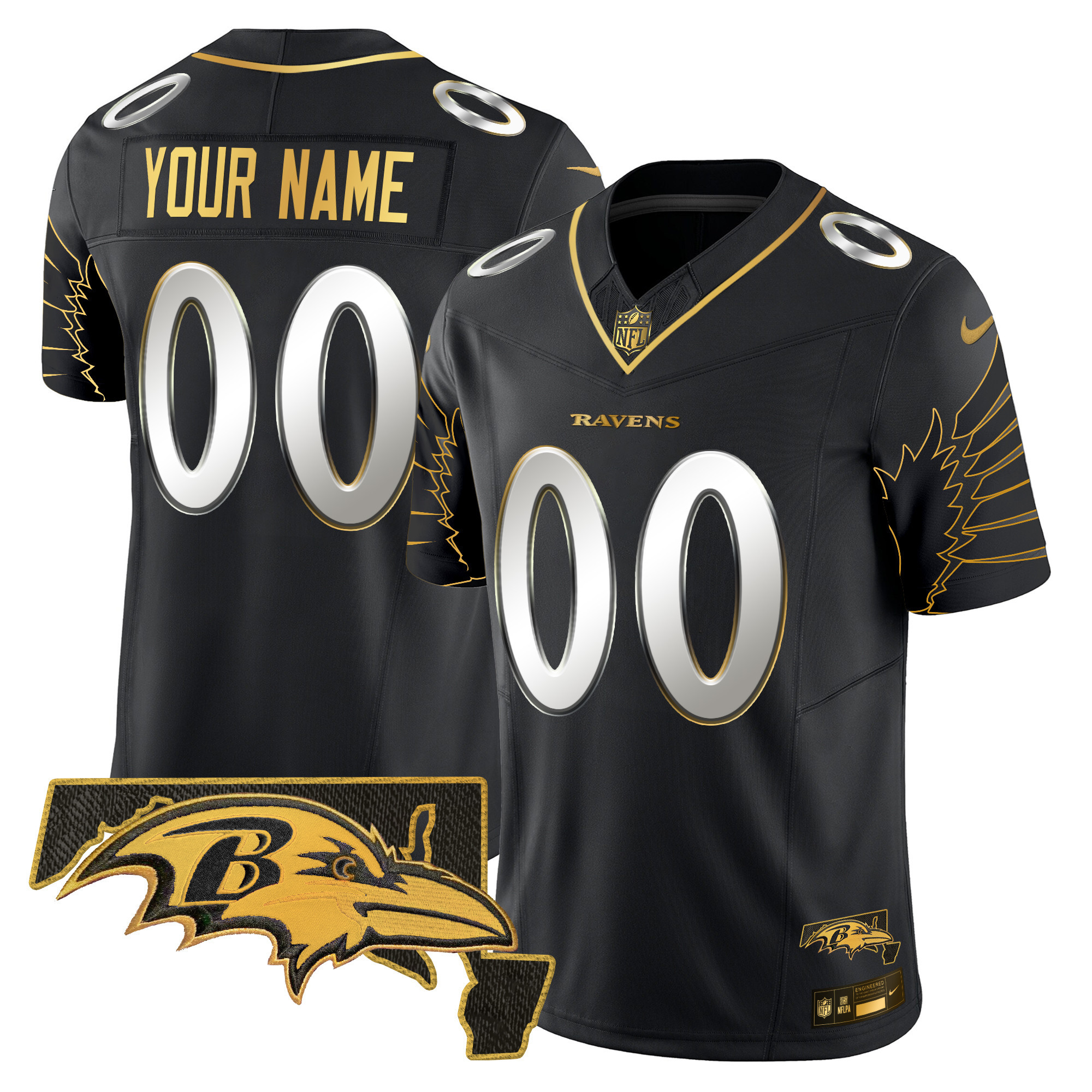 Men's Baltimore Ravens Maryland Patch Gold Vapor Limited Custom Black Limited Jersey - All Stitched