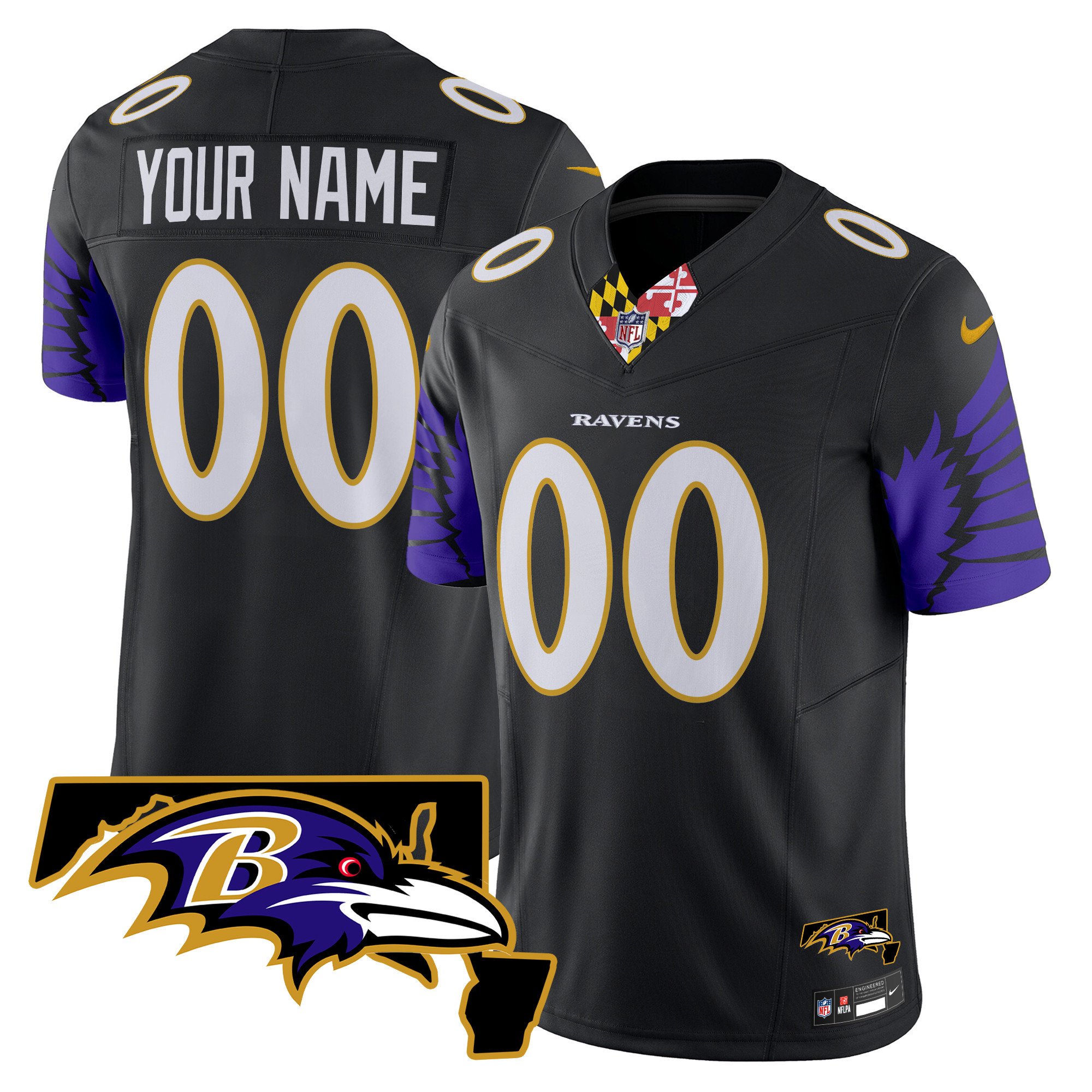 Men's Baltimore Ravens Maryland Patch Vapor Limited Custom Black Jersey V2 - All Stitched