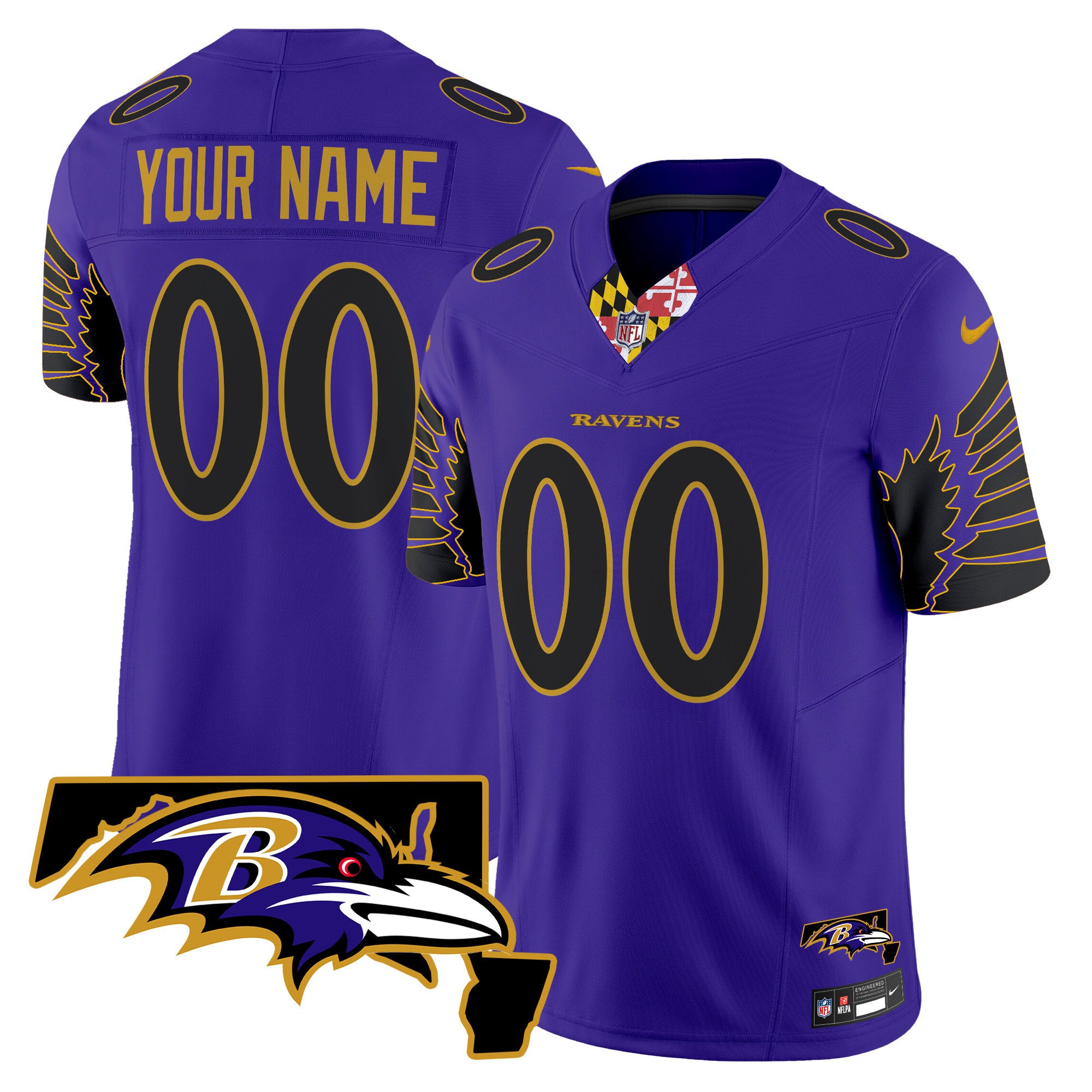 Men's Baltimore Ravens Maryland Patch Vapor Limited Custom Purple Limited Jersey V2 - All Stitched