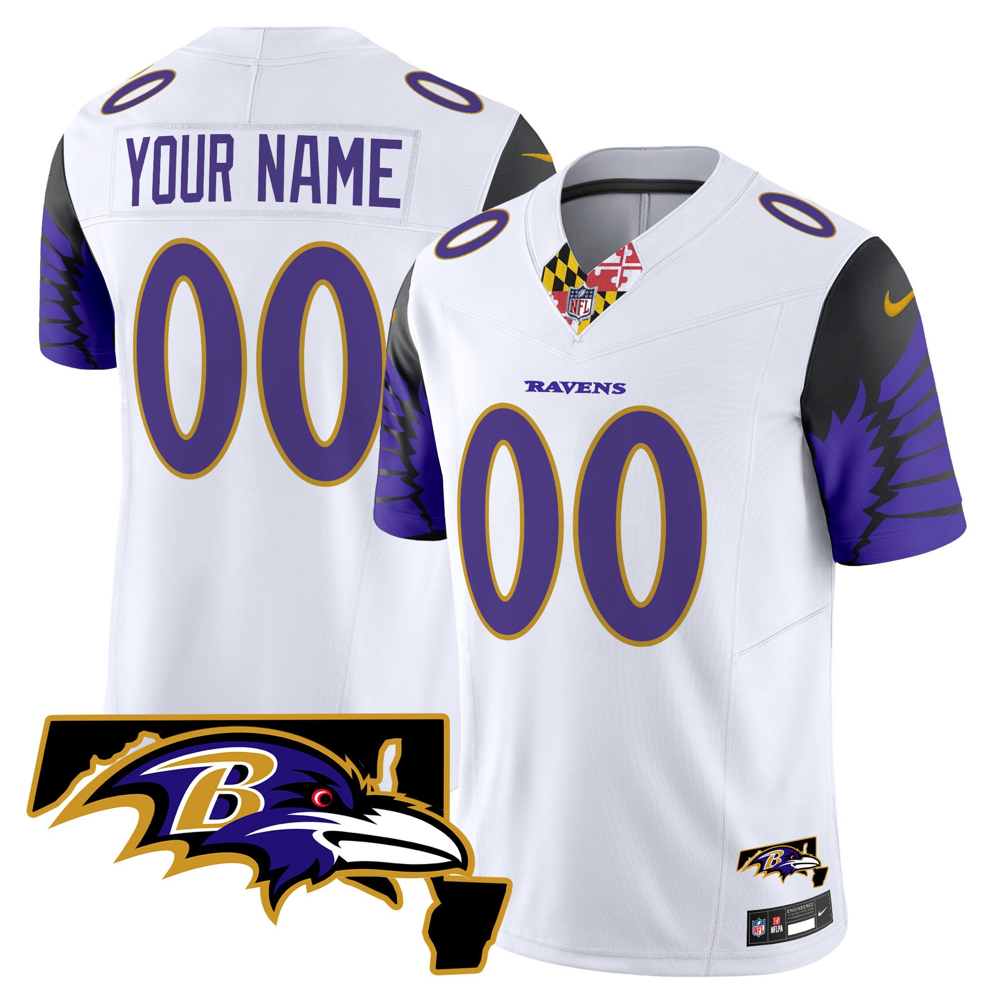 Men's Baltimore Ravens Maryland Patch Vapor Limited Custom White Jersey V2 - All Stitched