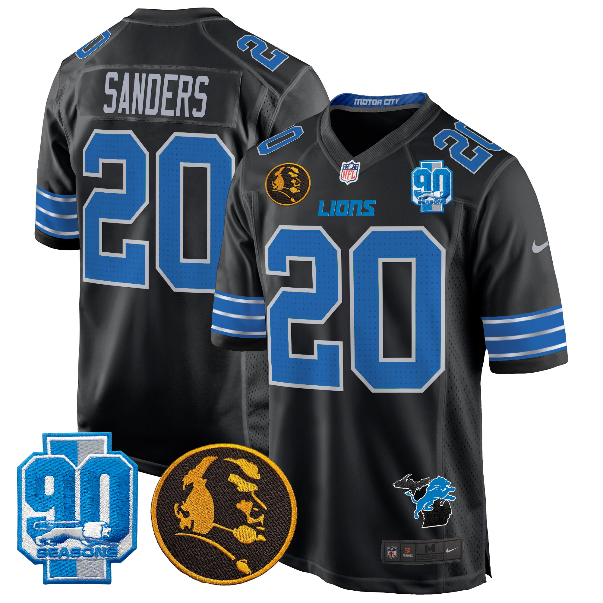 Men's Barry Sanders Detroit Lions 2024 90th & John Madden Patch Game Black Jersey - All Stitched