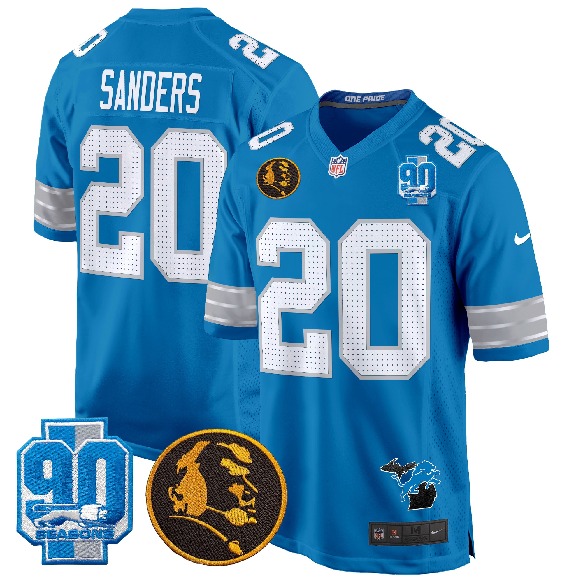 Men's Barry Sanders Detroit Lions 2024 90th & John Madden Patch Game Blue Jersey - All Stitched