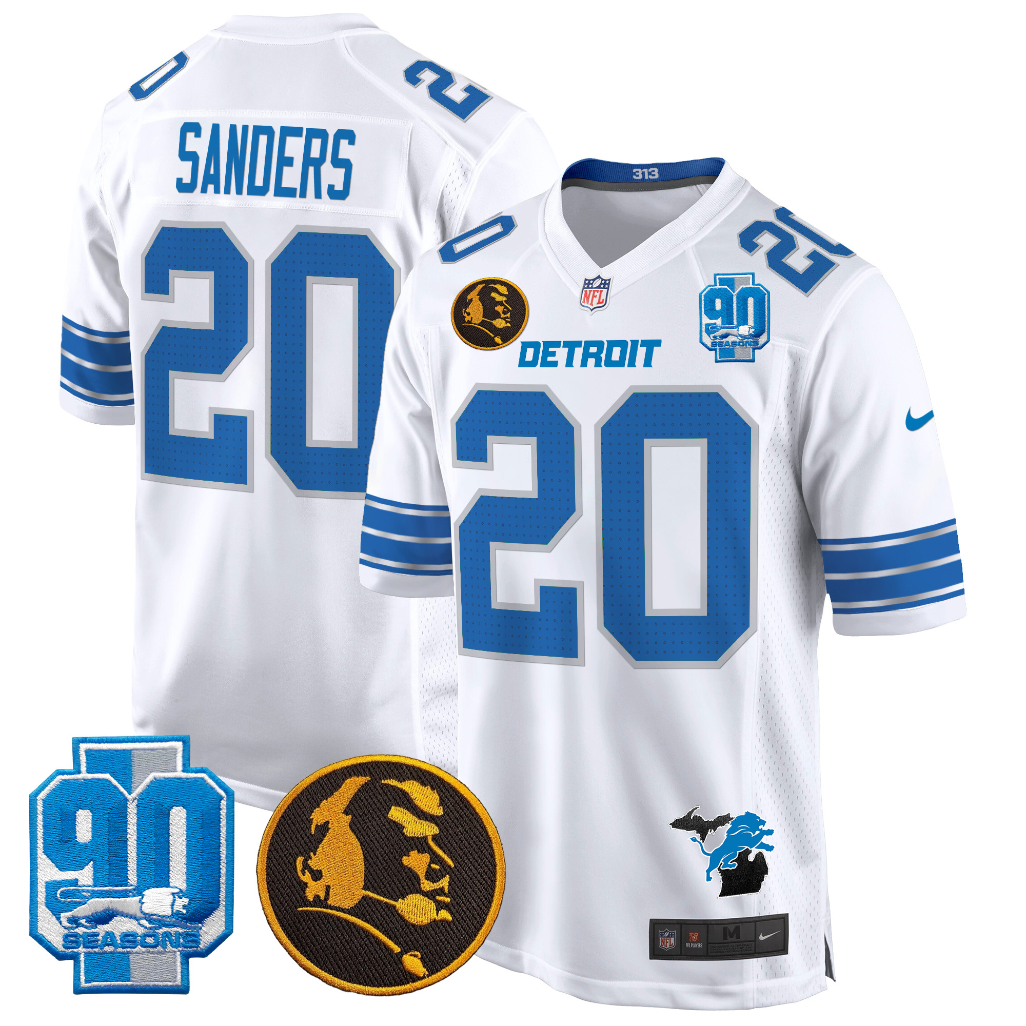 Men's Barry Sanders Detroit Lions 2024 90th & John Madden Patch Game White Jersey - All Stitched
