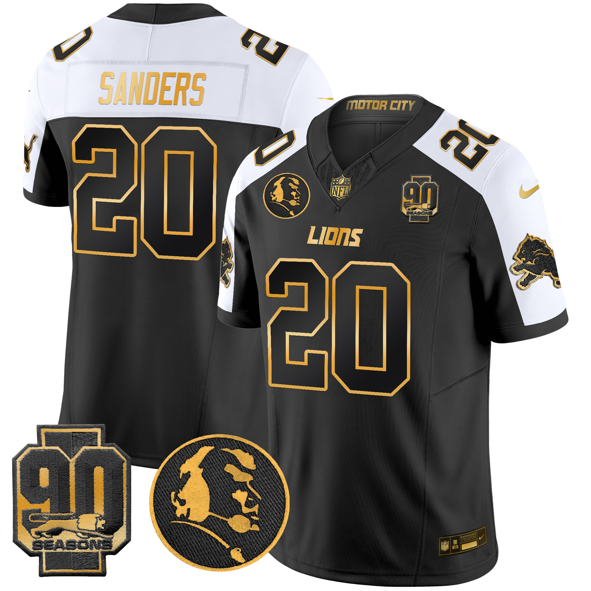 Men's Barry Sanders Detroit Lions 2024 90th & John Madden Patch Gold Vapor Limited Alternate Jersey - All Stitched