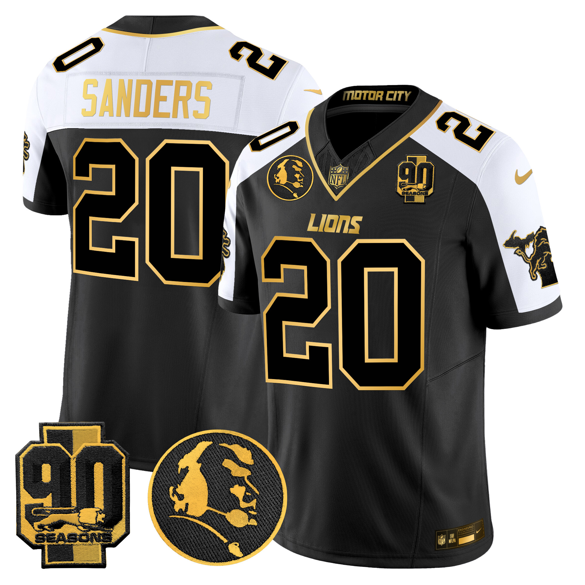 Men's Barry Sanders Detroit Lions 2024 90th & John Madden Patch Gold Vapor Limited Alternate Jersey - All Stitched