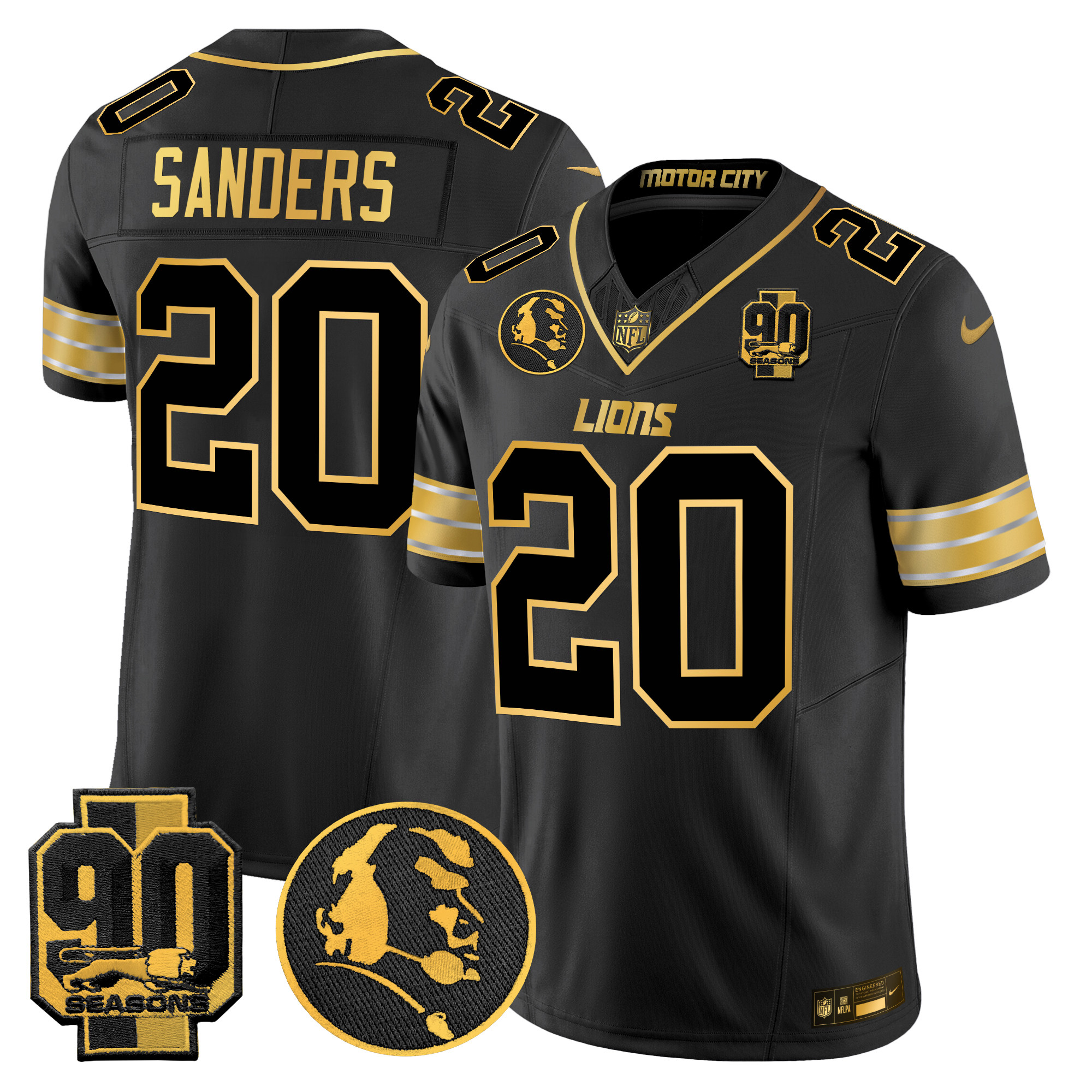 Men's Barry Sanders Detroit Lions 2024 90th & John Madden Patch Gold Vapor Limited Black Gold Jersey - All Stitched