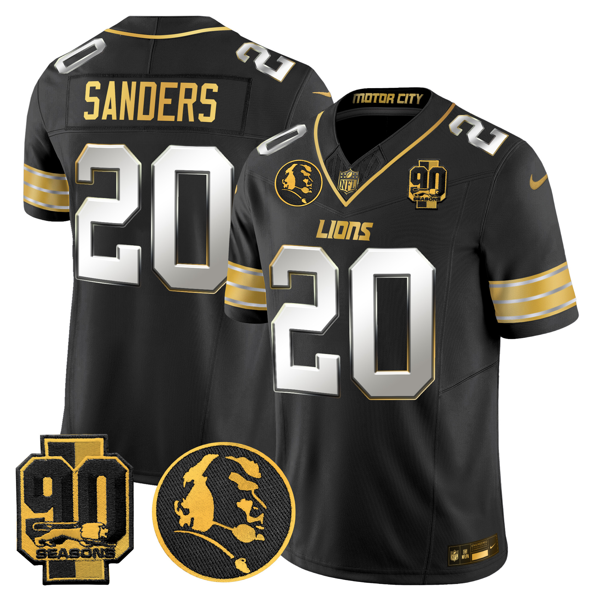 Men's Barry Sanders Detroit Lions 2024 90th & John Madden Patch Gold Vapor Limited Black Limited Jersey - All Stitched
