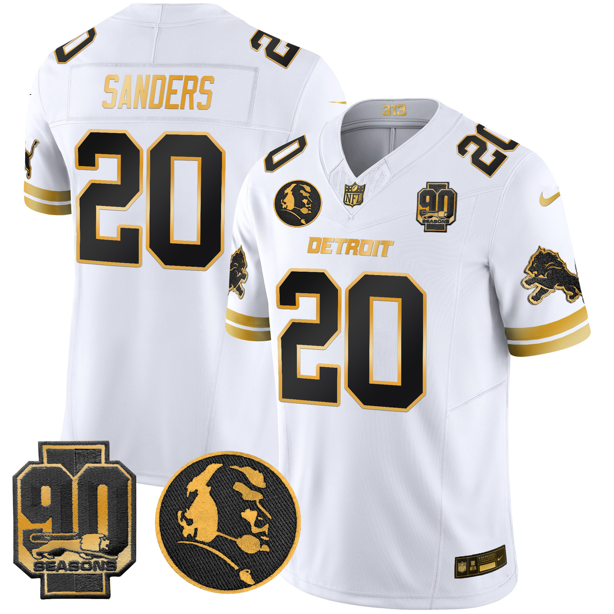 Men's Barry Sanders Detroit Lions 2024 90th & John Madden Patch Gold Vapor Limited White Gold Jersey - All Stitched