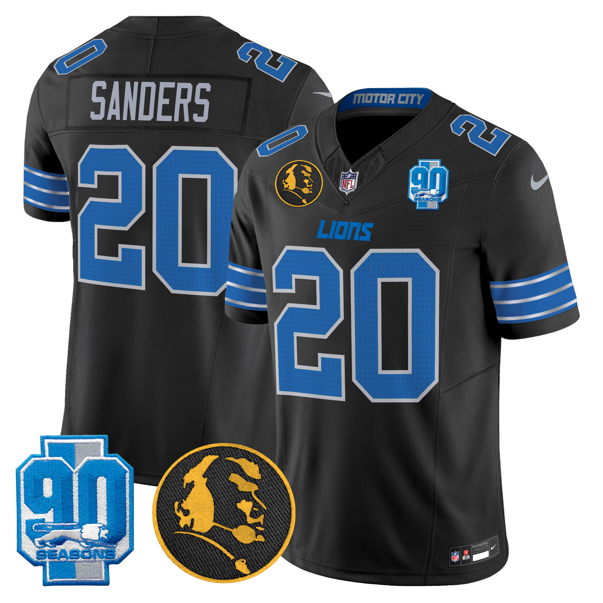 Men's Barry Sanders Detroit Lions 2024 90th & John Madden Patch Vapor Limited Black Jersey - All Stitched