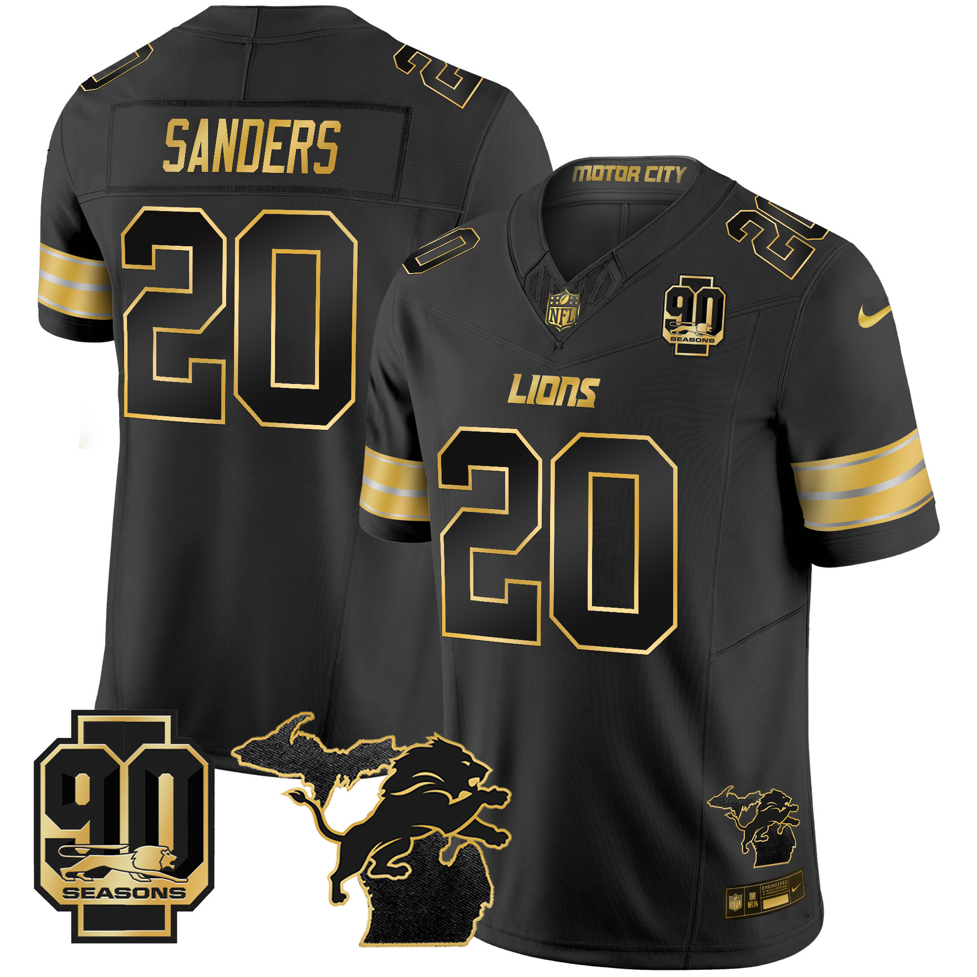Men's Barry Sanders Detroit Lions 2024 Michigan & 90th Season Patch Gold Vapor Limited Black Gold Jersey - All Stitched