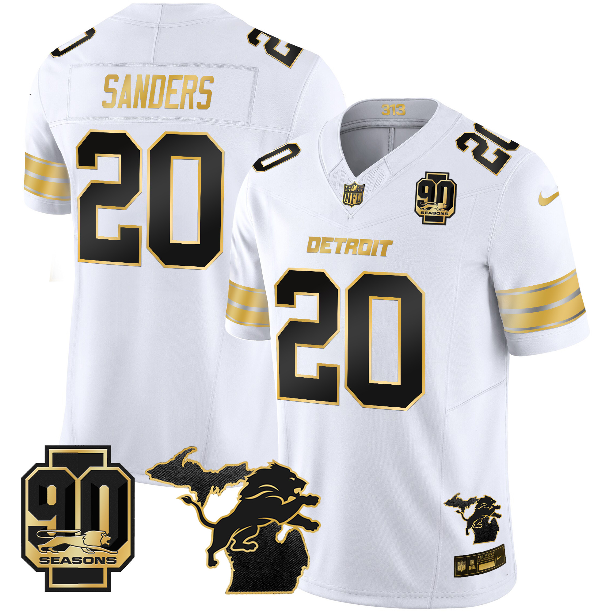 Men's Barry Sanders Detroit Lions 2024 Michigan & 90th Season Patch Gold Vapor Limited White Gold Jersey - All Stitched