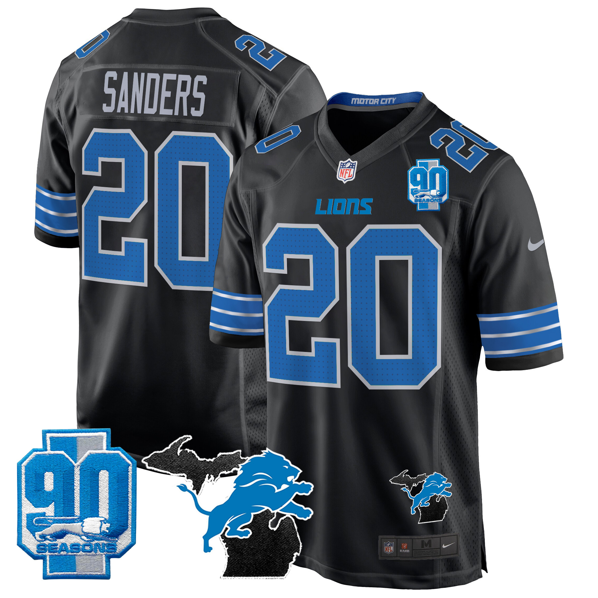 Men's Barry Sanders Detroit Lions 2024 Michigan & 90th Year Patch Game Black Jersey - All Stitched