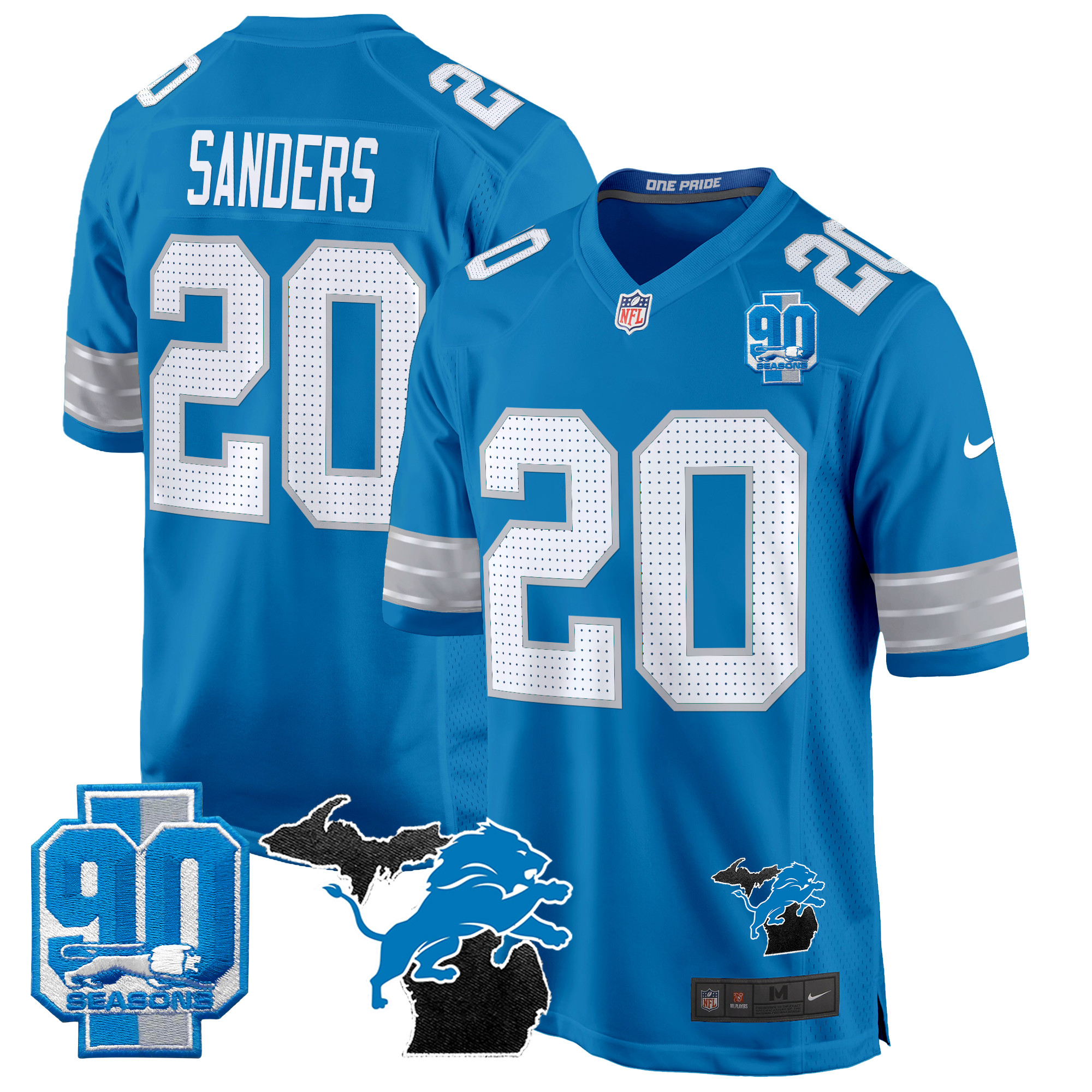 Men's Barry Sanders Detroit Lions 2024 Michigan & 90th Year Patch Game Blue Jersey - All Stitched