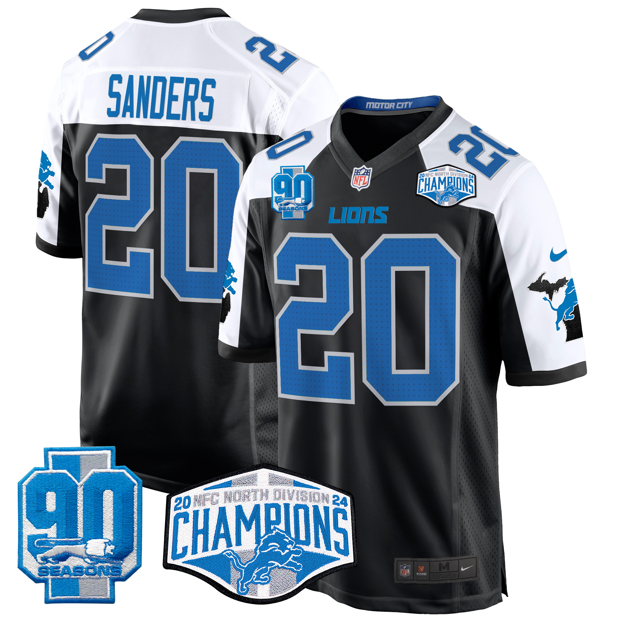Men's Barry Sanders Detroit Lions 2024 NFC North Division Champions Patch Game Black Alternate Jersey - All Stitched