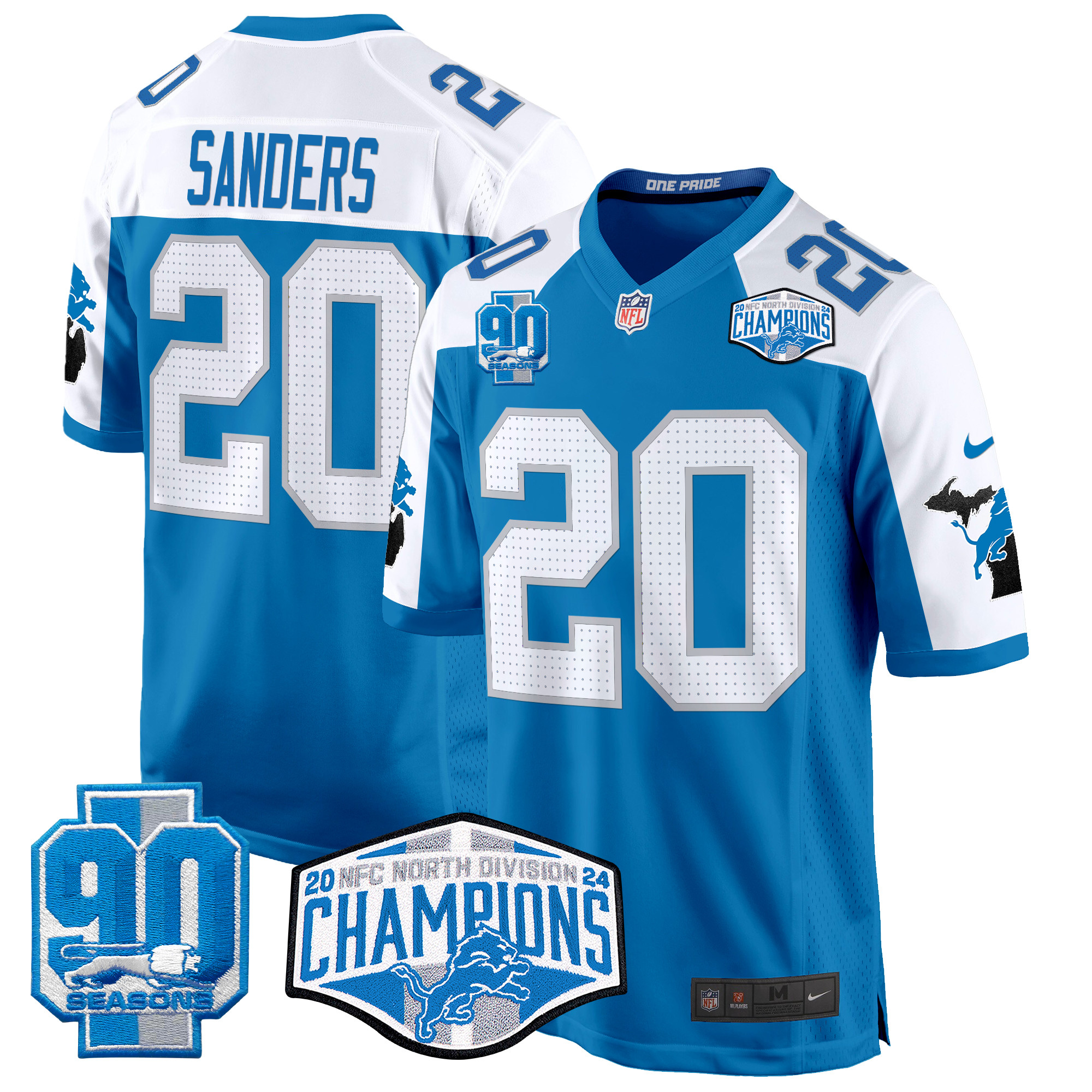 Men's Barry Sanders Detroit Lions 2024 NFC North Division Champions Patch Game Blue Alternate Jersey - All Stitched