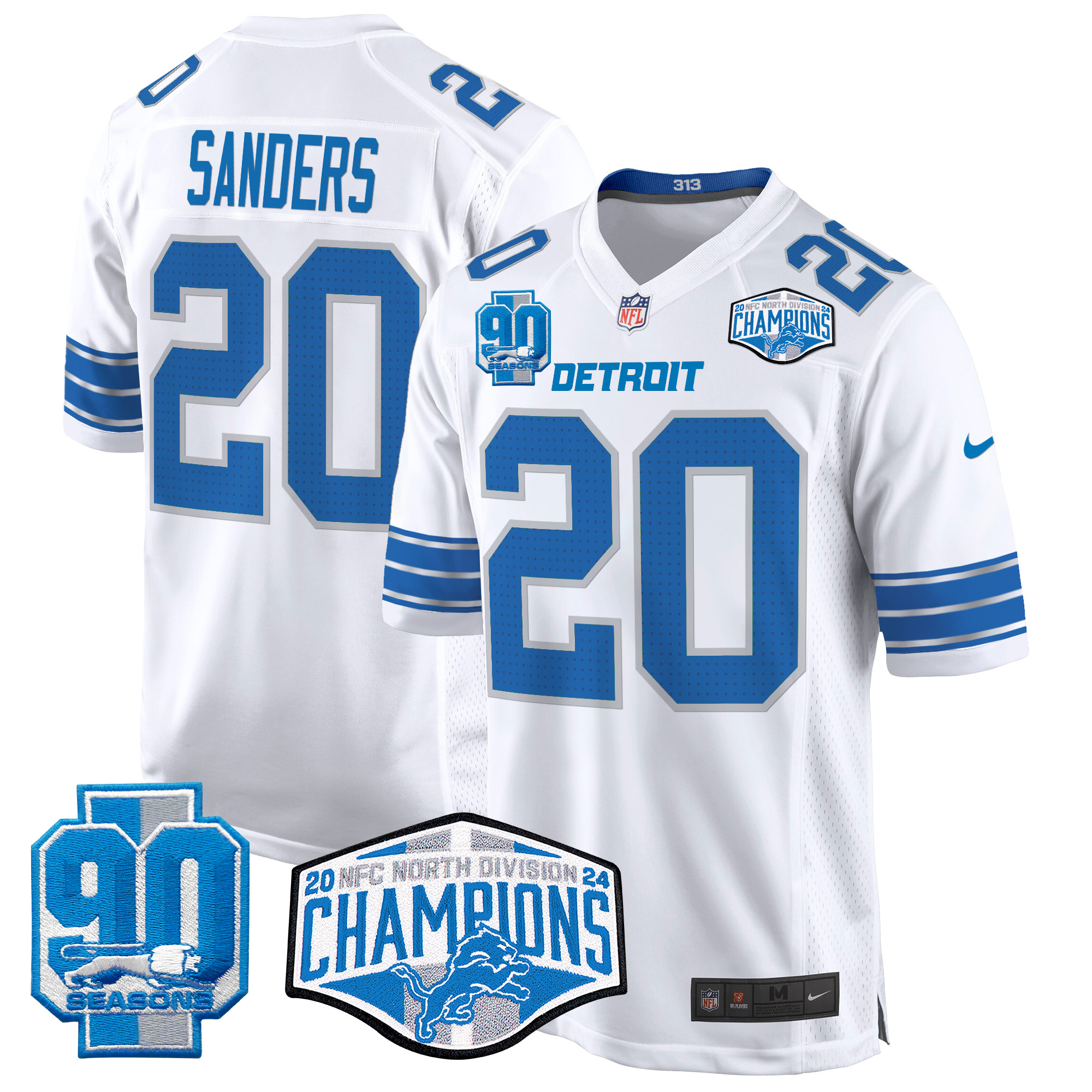 Men's Barry Sanders Detroit Lions 2024 NFC North Division Champions Patch Game White Jersey - All Stitched