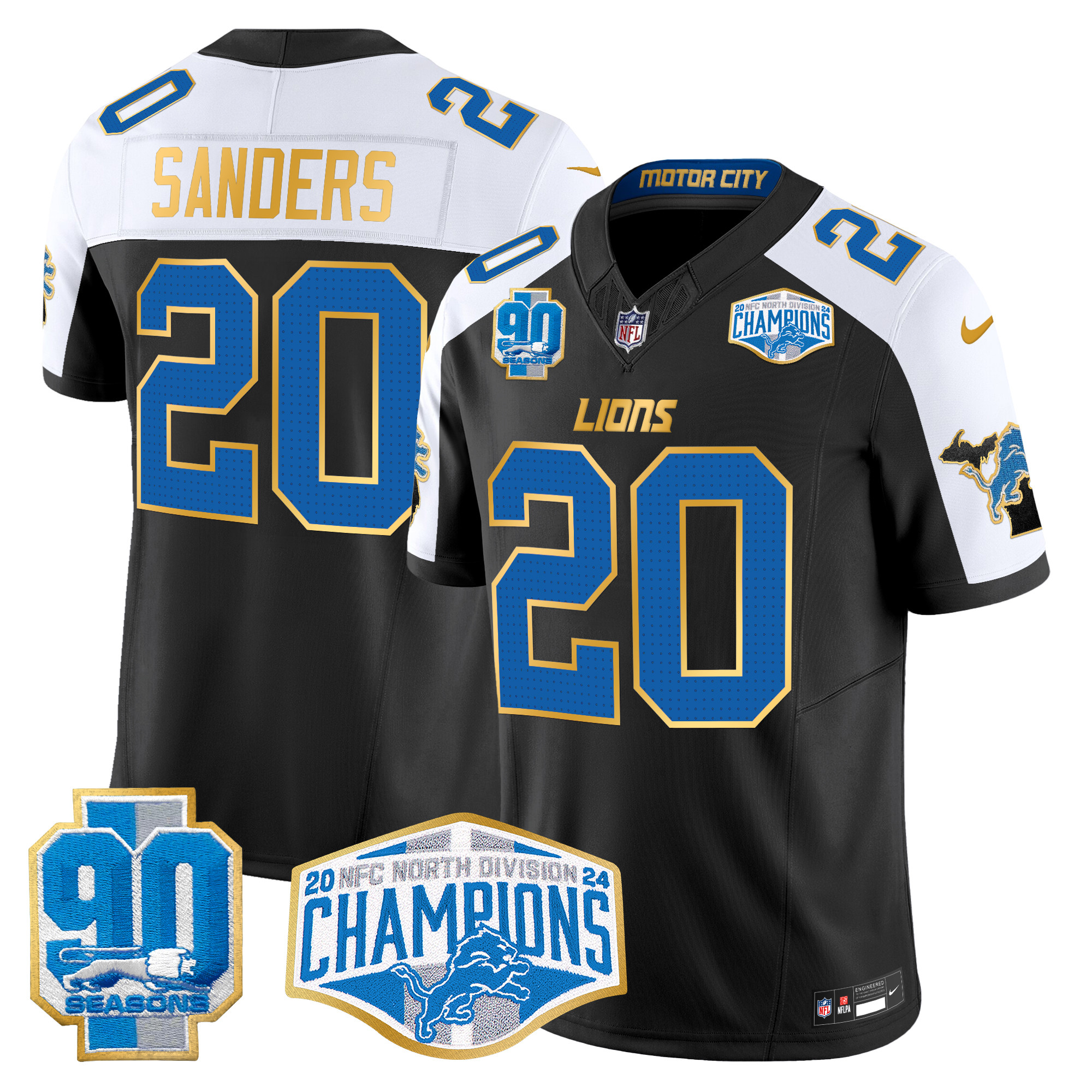 Men's Barry Sanders Detroit Lions 2024 NFC North Division Champions Patch Gold Trim Vapor Limited Black Alternate Jersey - All Stitched