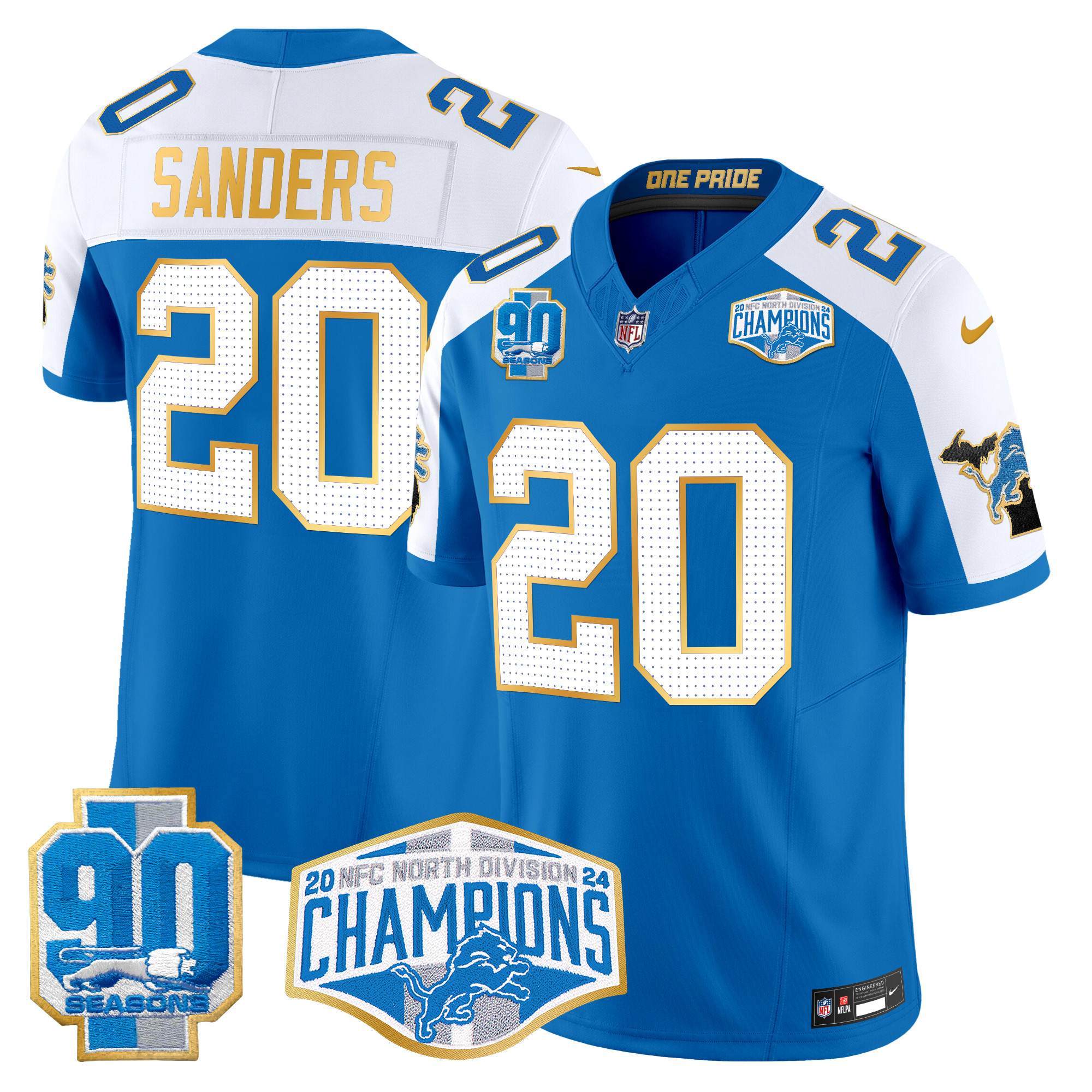 Men's Barry Sanders Detroit Lions 2024 NFC North Division Champions Patch Gold Trim Vapor Limited Blue Alternate Jersey - All Stitched