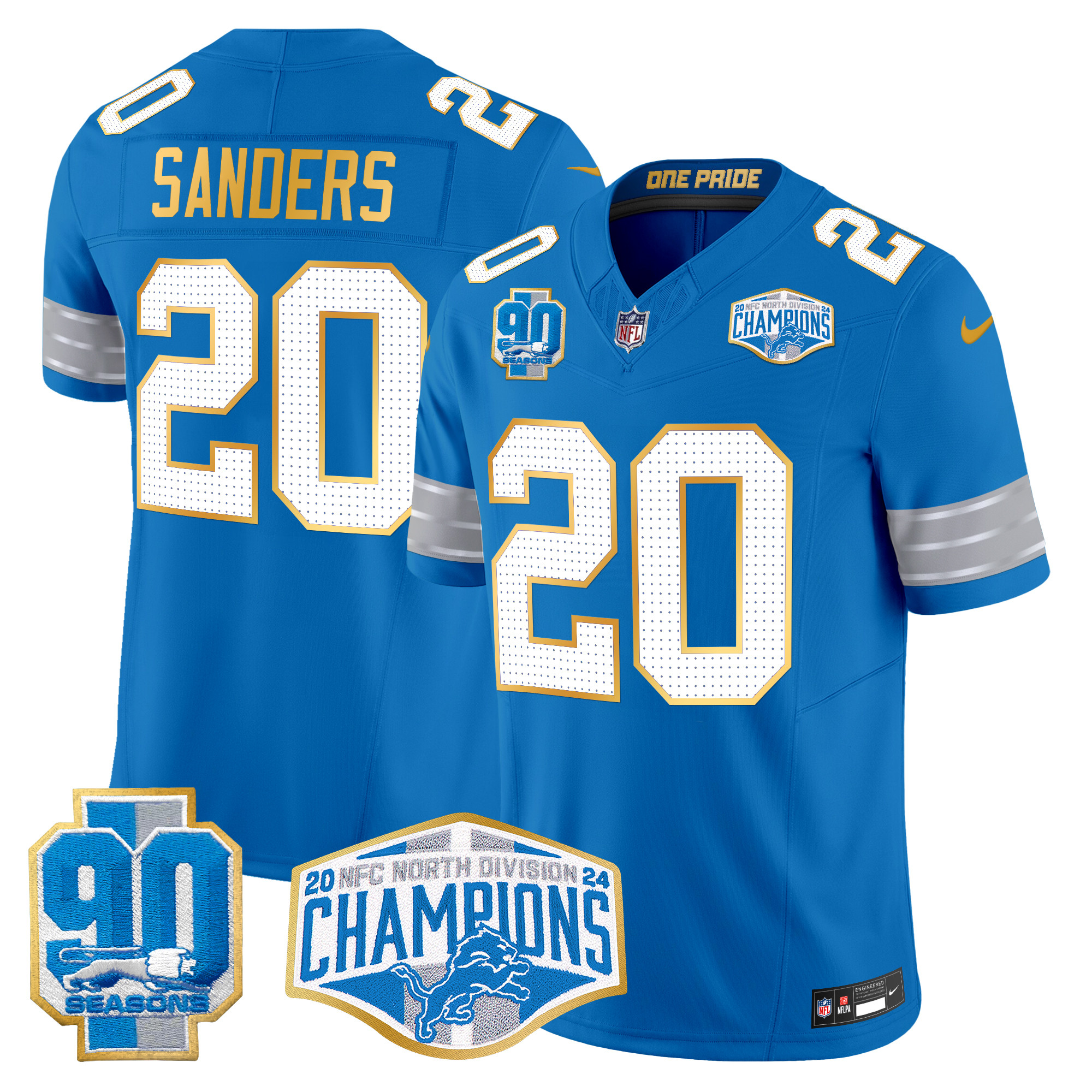 Men's Barry Sanders Detroit Lions 2024 NFC North Division Champions Patch Gold Trim Vapor Limited Blue Jersey - All Stitched