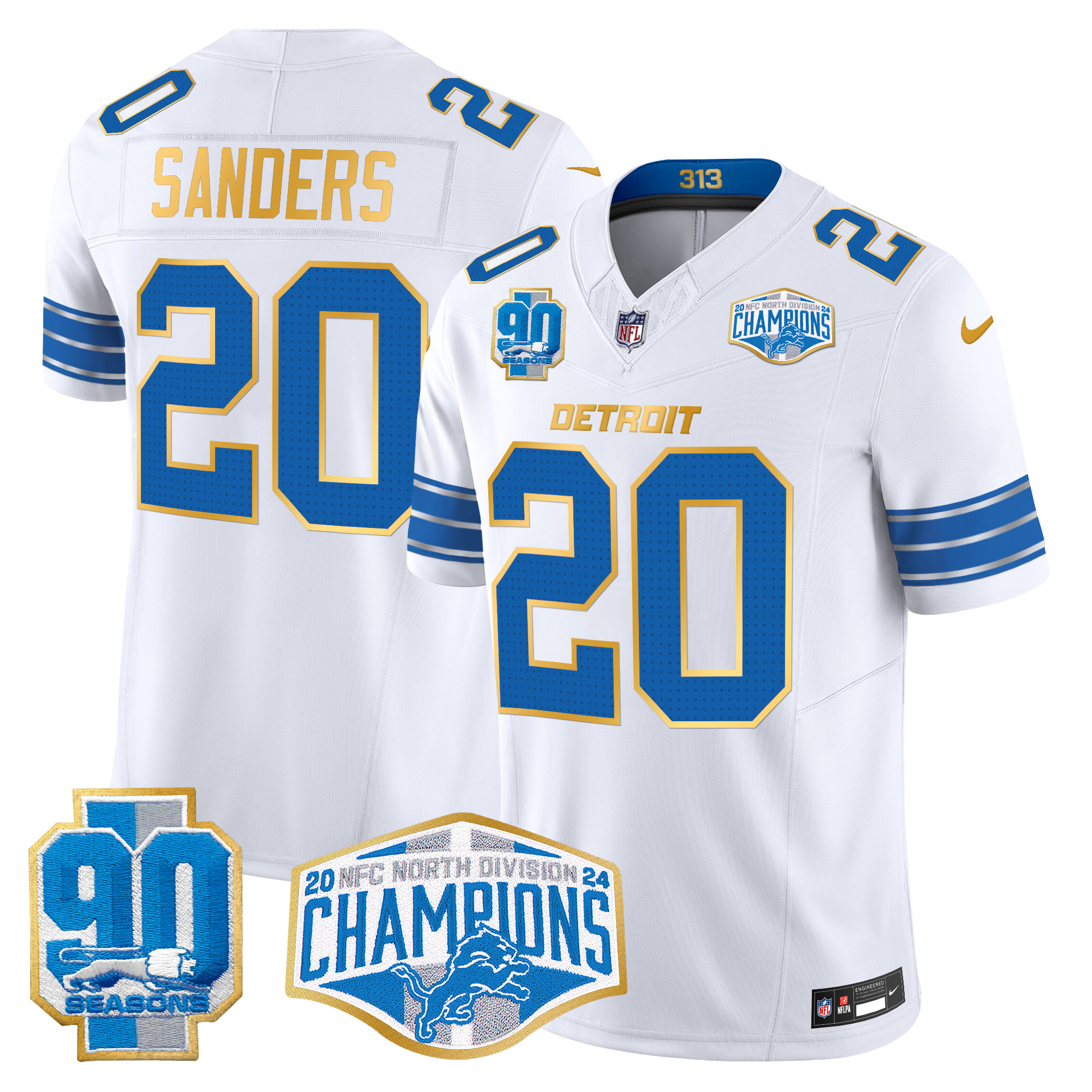 Men's Barry Sanders Detroit Lions 2024 NFC North Division Champions Patch Gold Trim Vapor Limited White Jersey - All Stitched