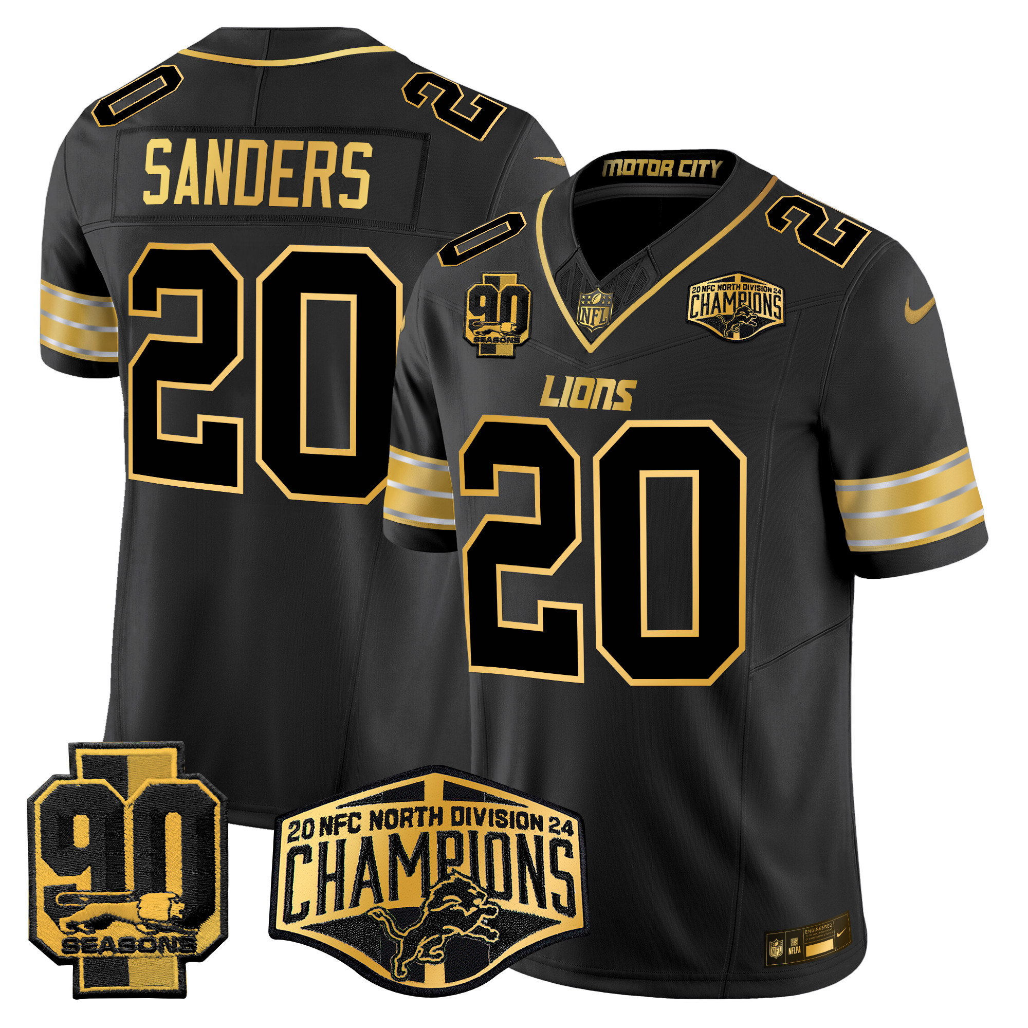 Men's Barry Sanders Detroit Lions 2024 NFC North Division Champions Patch Gold Vapor Limited Black Gold Jersey - All Stitched