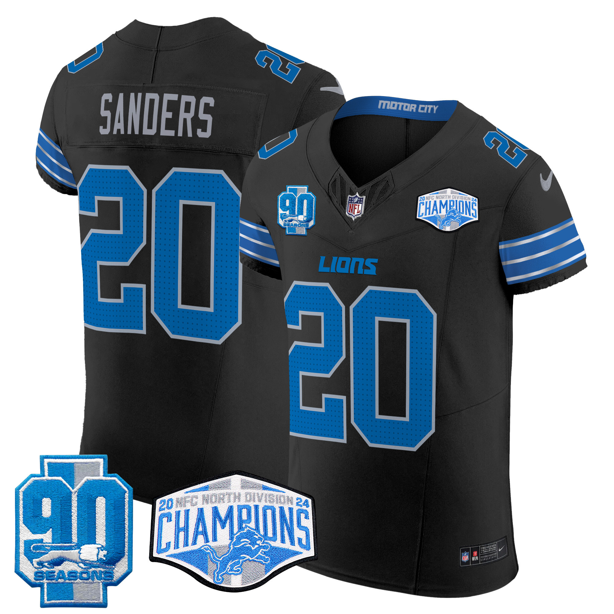 Men's Barry Sanders Detroit Lions 2024 NFC North Division Champions Patch Vapor Elite Black Jersey - All Stitched