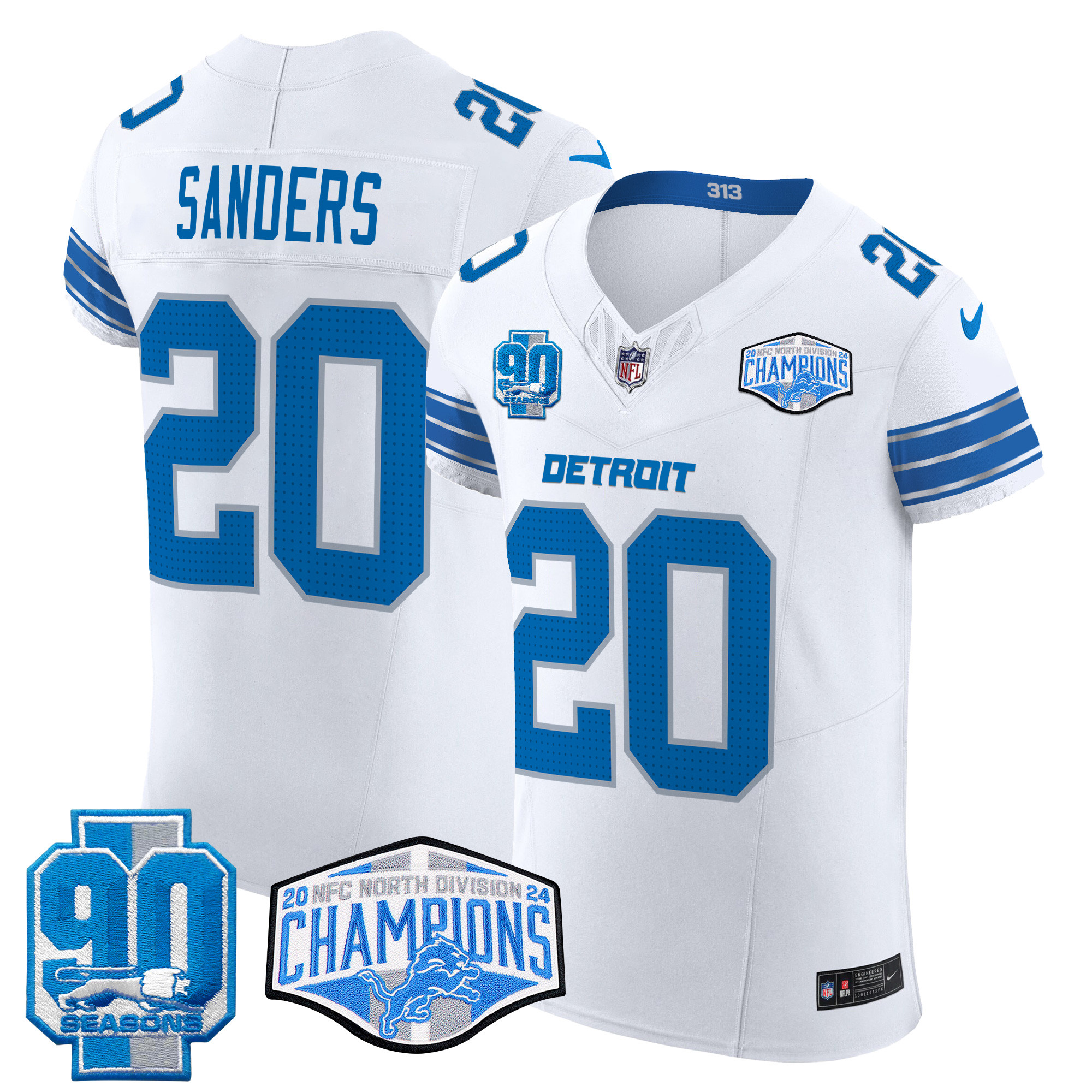 Men's Barry Sanders Detroit Lions 2024 NFC North Division Champions Patch Vapor Elite White Jersey - All Stitched