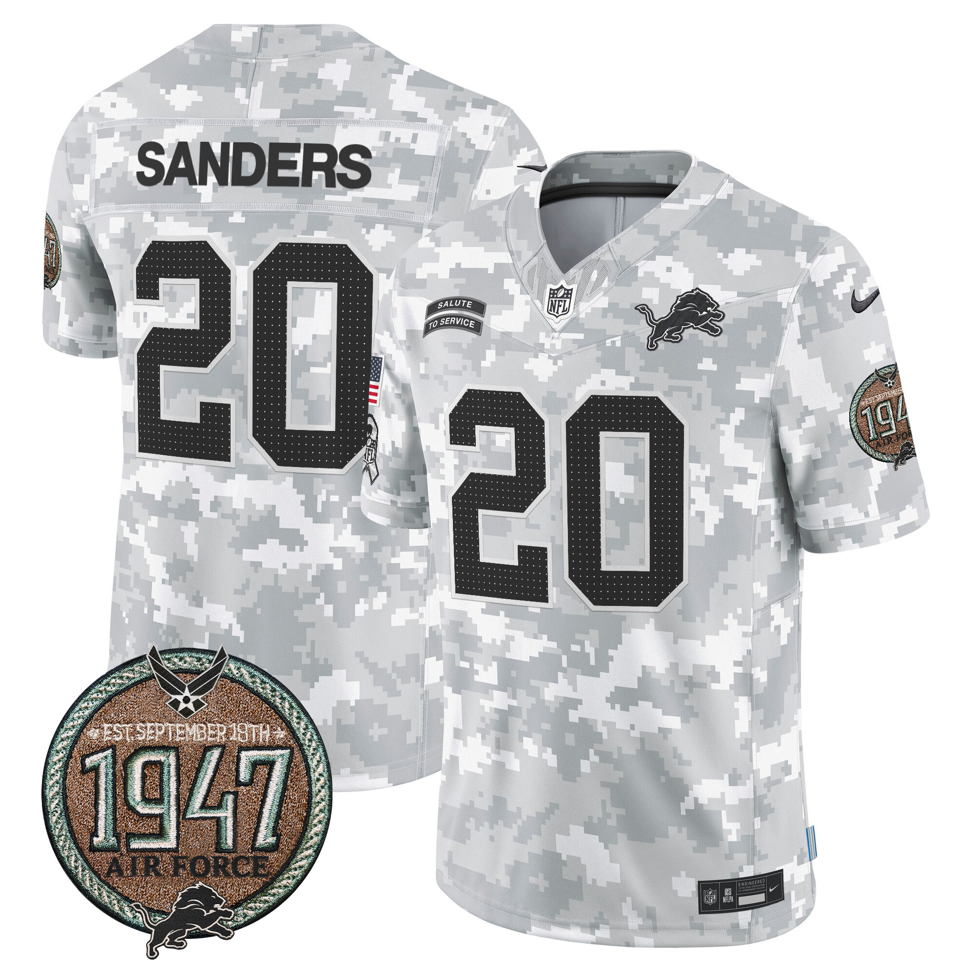 Men's Barry Sanders Detroit Lions 2024 Salute to Service Establishment Year Patch Vapor Limited Air Force Jersey - All Stitched