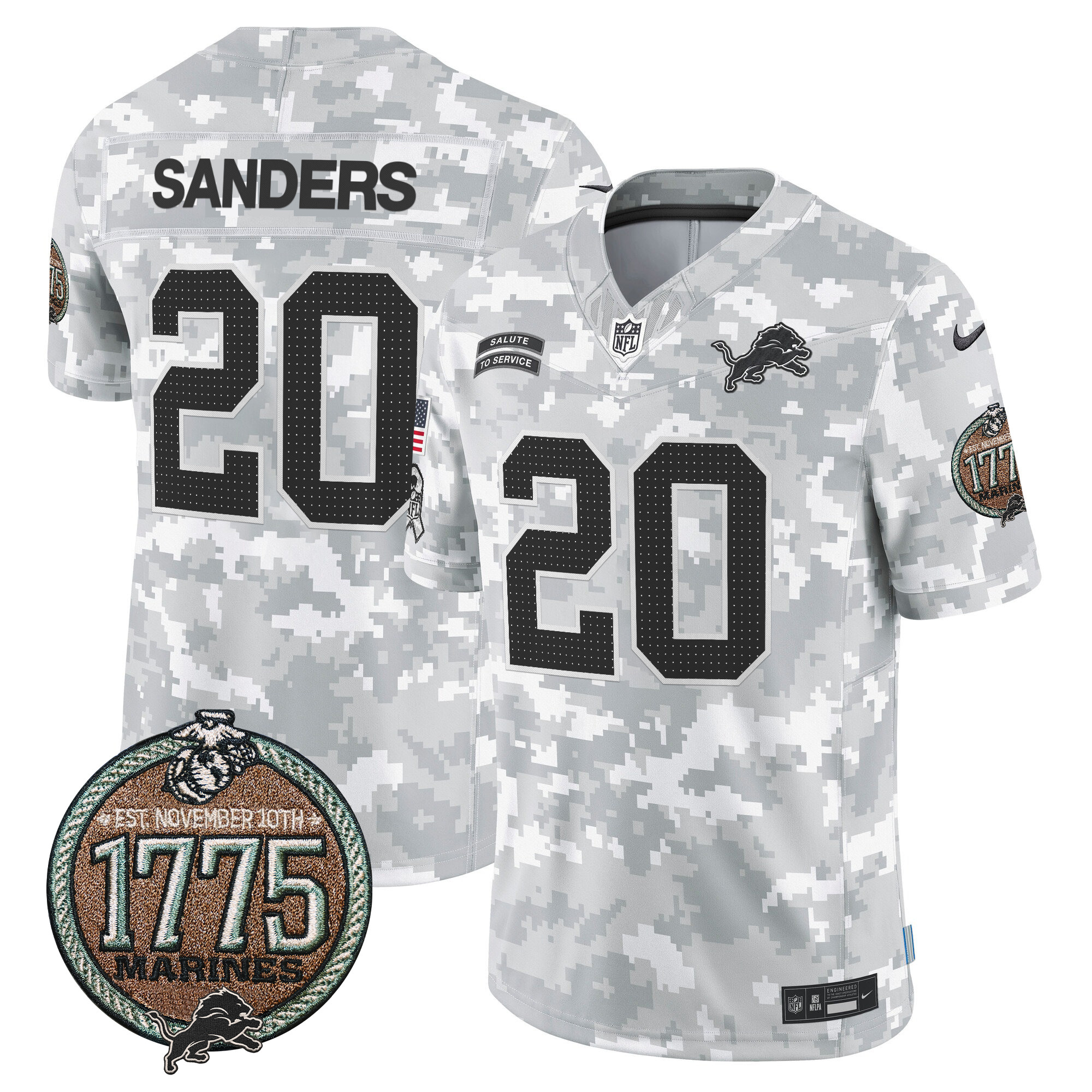 Men's Barry Sanders Detroit Lions 2024 Salute to Service Establishment Year Patch Vapor Limited Marines Jersey - All Stitched