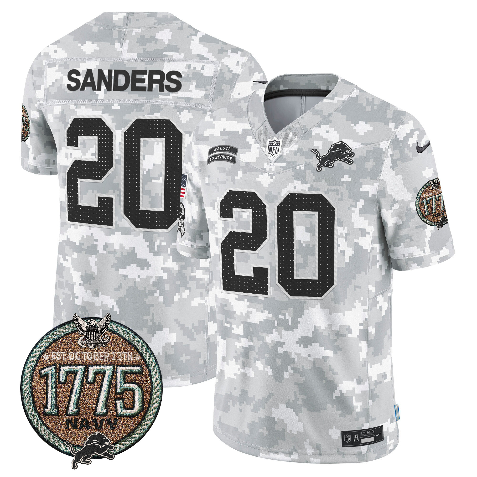 Men's Barry Sanders Detroit Lions 2024 Salute to Service Establishment Year Patch Vapor Limited Navy Jersey - All Stitched
