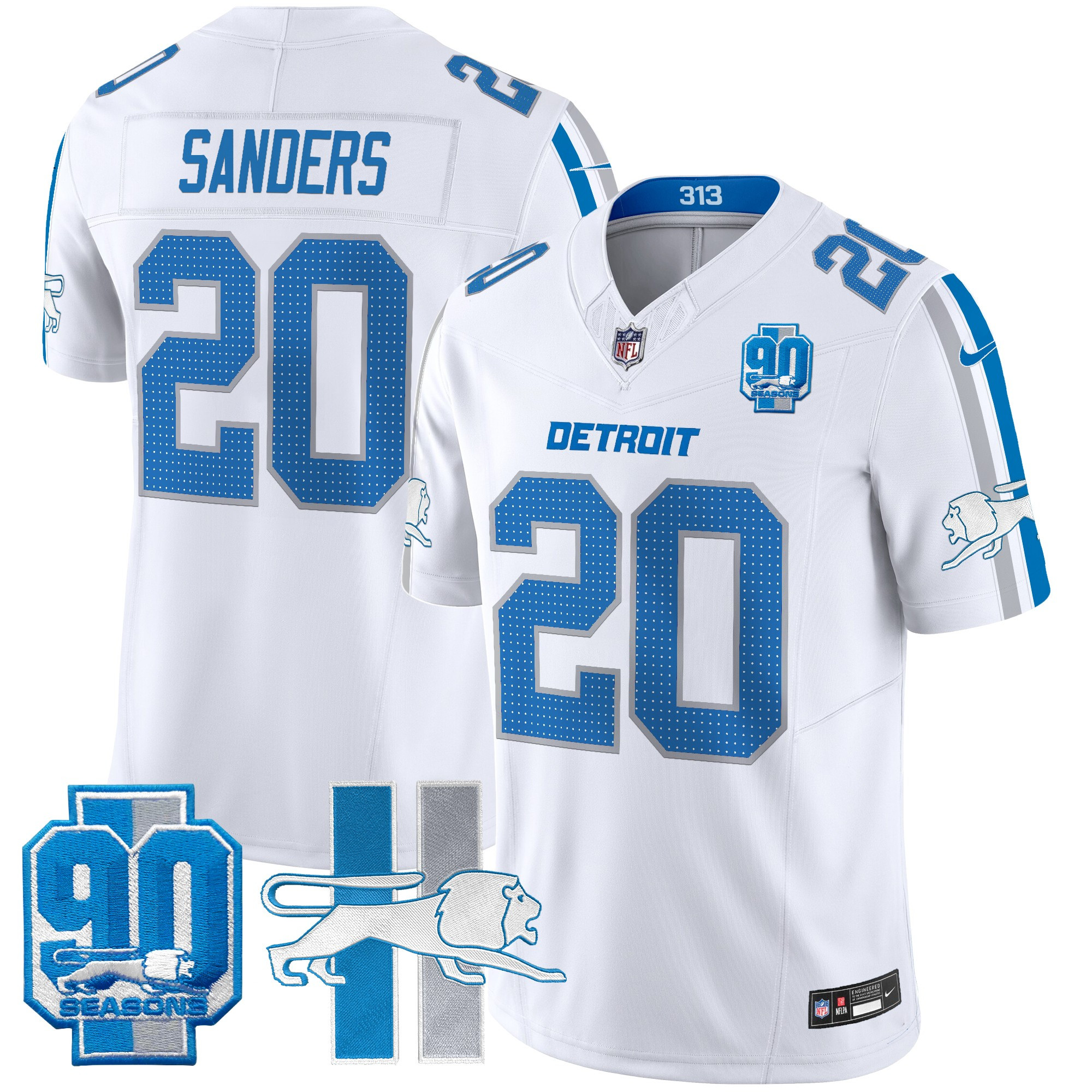 Men's Barry Sanders Detroit Lions Throwback 90th Year Patch Vapor Limited White Jersey - All Stitched