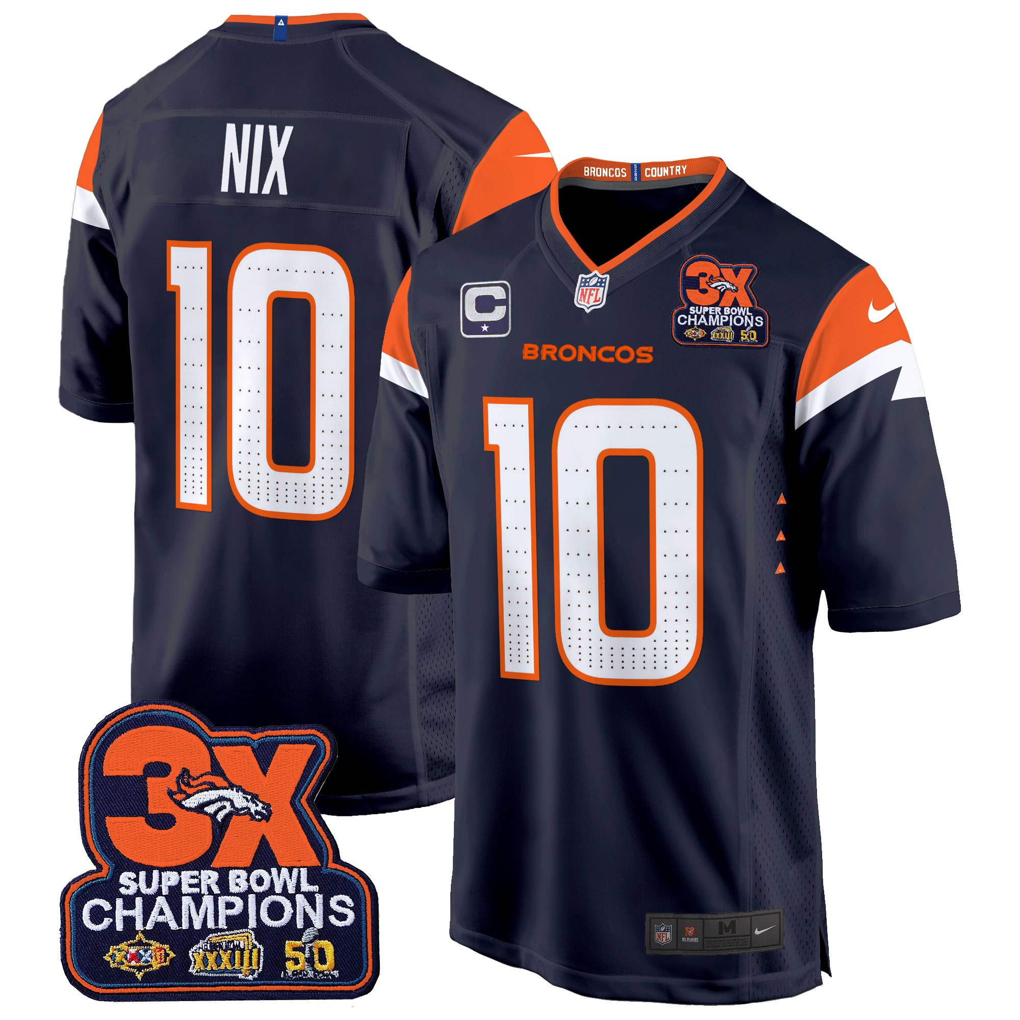 Men's Bo Nix Denver Broncos 3-Time Champions Patch Game Navy Jersey - All Stitched