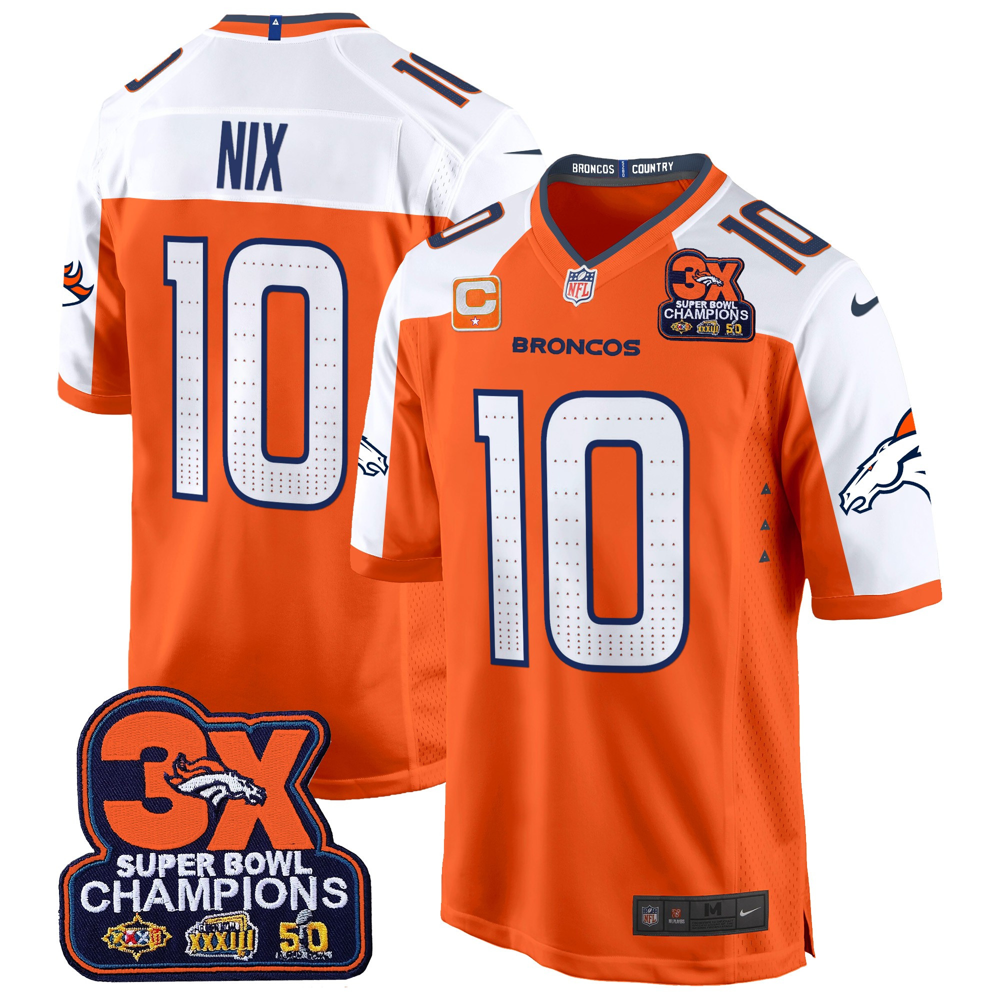 Men's Bo Nix Denver Broncos 3-Time Champions Patch Game Orange Alternate Jersey - All Stitched
